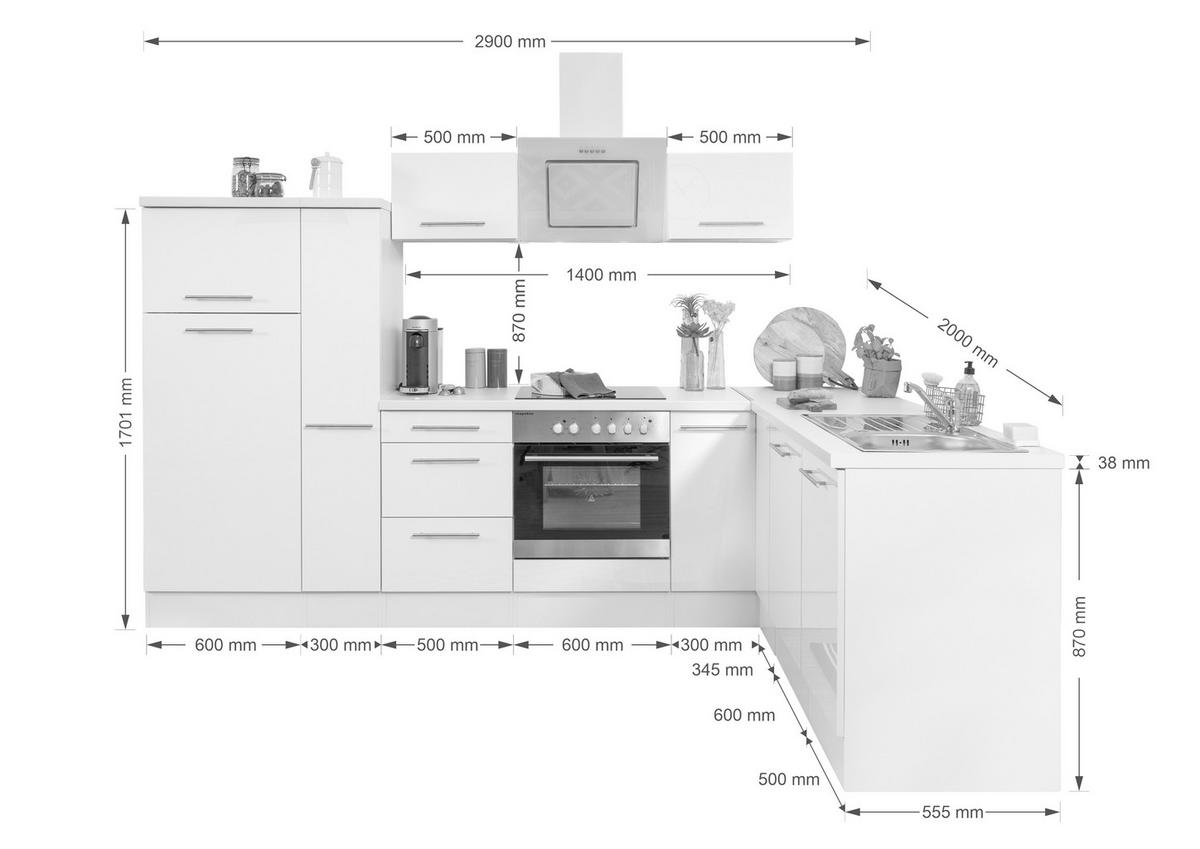 Eckküche Rp290wwc mit Geräten 290x200 cm Weiß - Weiß Hochglanz/Weiß, KONVENTIONELL, Holzwerkstoff (290/200cm) - Respekta