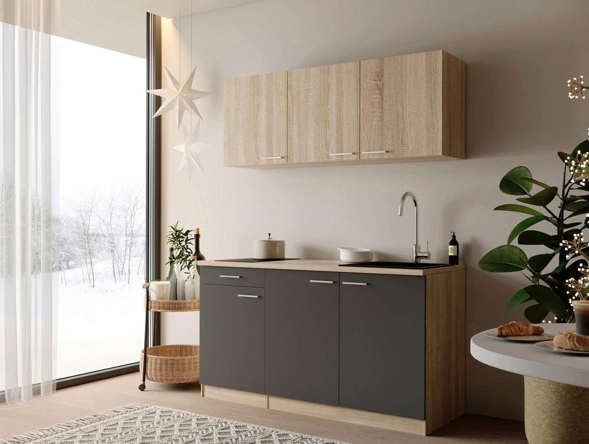 MINIKÜCHE Ingrid, Grau B: 150 cm - Eichefarben/Grau, Design, Holzwerkstoff (150cm) - Respekta