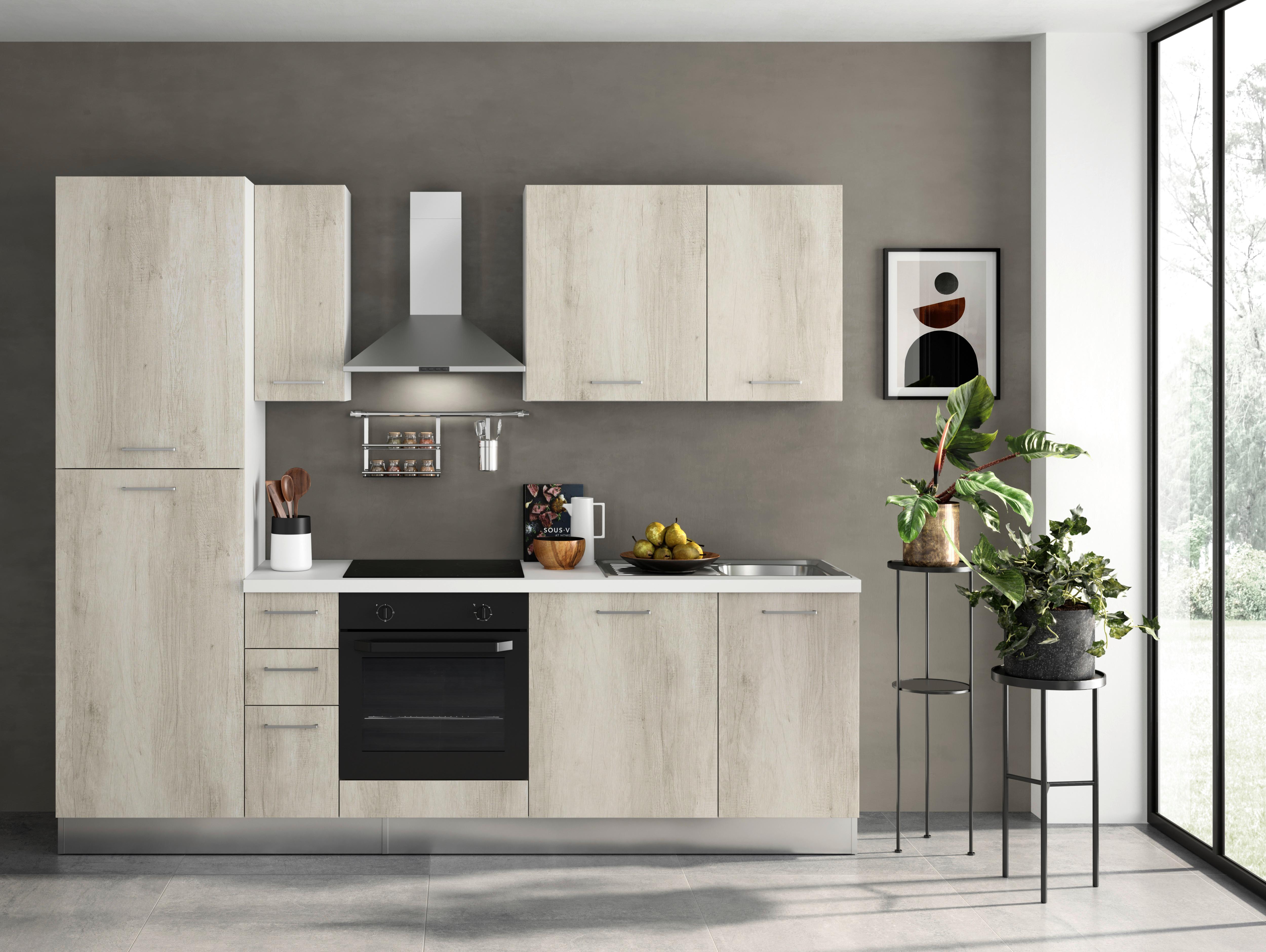 Küchenzeile Gardena Mit Geräten 255 Cm Eiche Dekor - Eiche Bianco/Alufarben, MODERN, Holzwerkstoff/Kunststoff (255/88/216cm) - MID.YOU