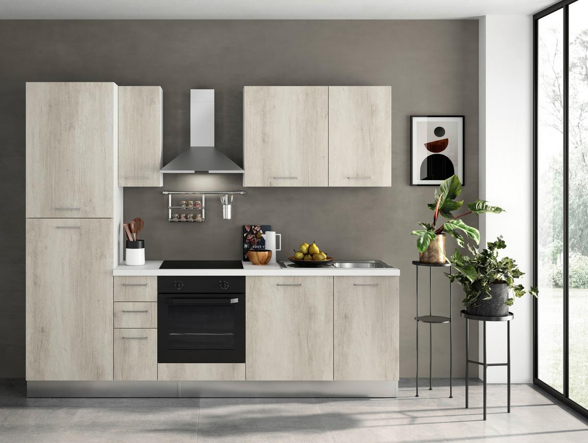 Küchenzeile Gardena mit Geräten 255 cm Eiche Dekor - Eiche Bianco/Alufarben, MODERN, Holzwerkstoff/Kunststoff (255/88/216cm) - MID.YOU