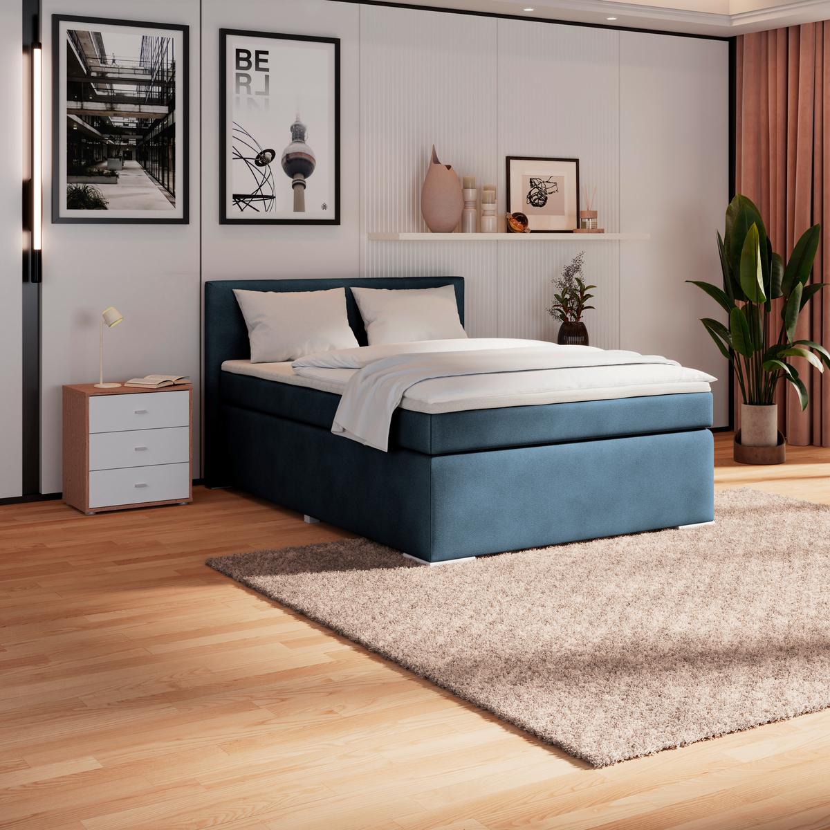 Boxspringbett Mira Boucle Dunkelblau,lf:140x200cm - Perlmutt/Dunkelblau, KONVENTIONELL, Holz/Textil (140/200cm)