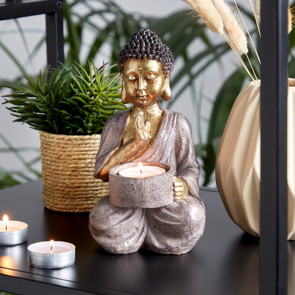 Teelichthalter als braun-goldfarbene Buddha-Figur