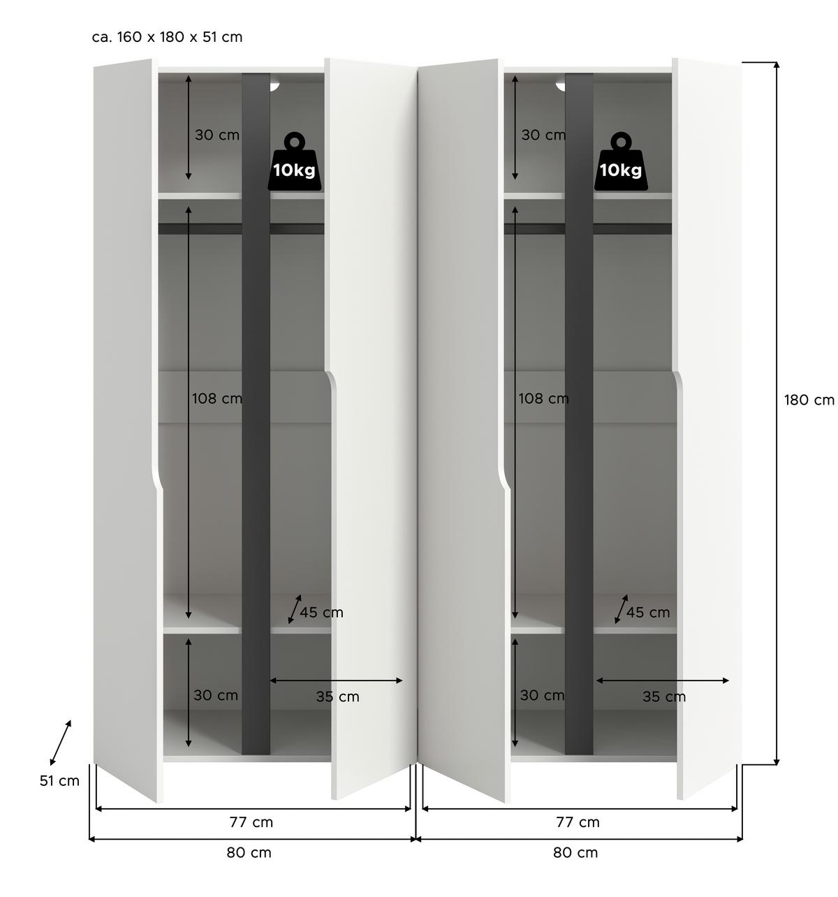DREHTÜRENSCHRANK Anga Weiß B: 160cm - Weiß, MODERN, Holzwerkstoff (160/180/51cm) - MID.YOU
