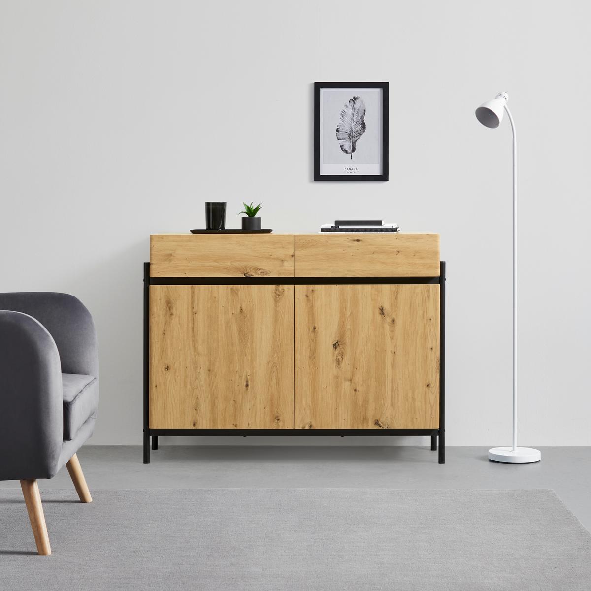 Široká komoda JASMINA farby dubu - čierna/farba duba, Modern, kov/drevo (118/90/41,5cm) - Bessagi Home