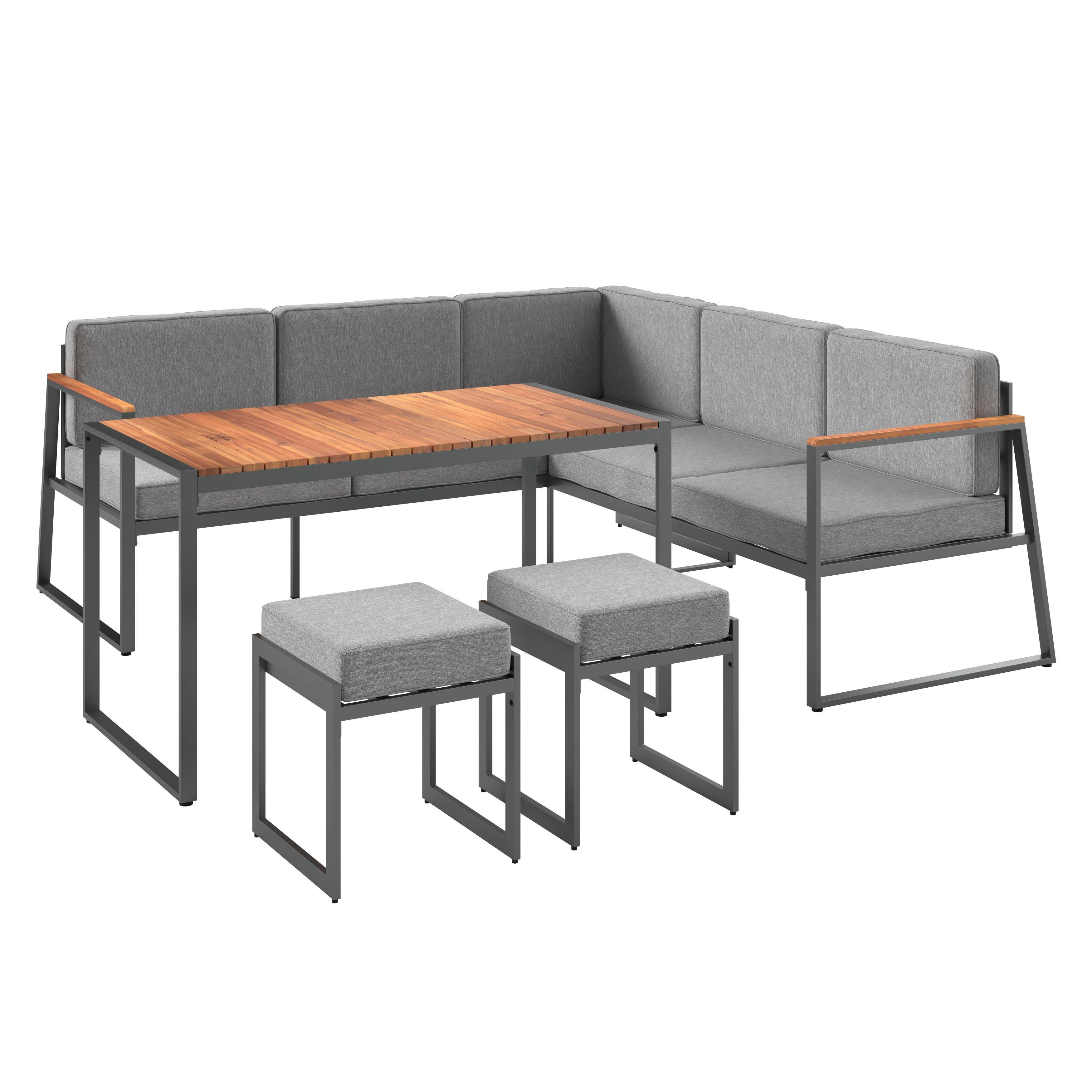 Loungegarnitur 5-Tlg Luzern Metall/Holz mit Kissen - Naturfarben/Grau, MODERN, Holz/Textil (190/190cm) - Beldano