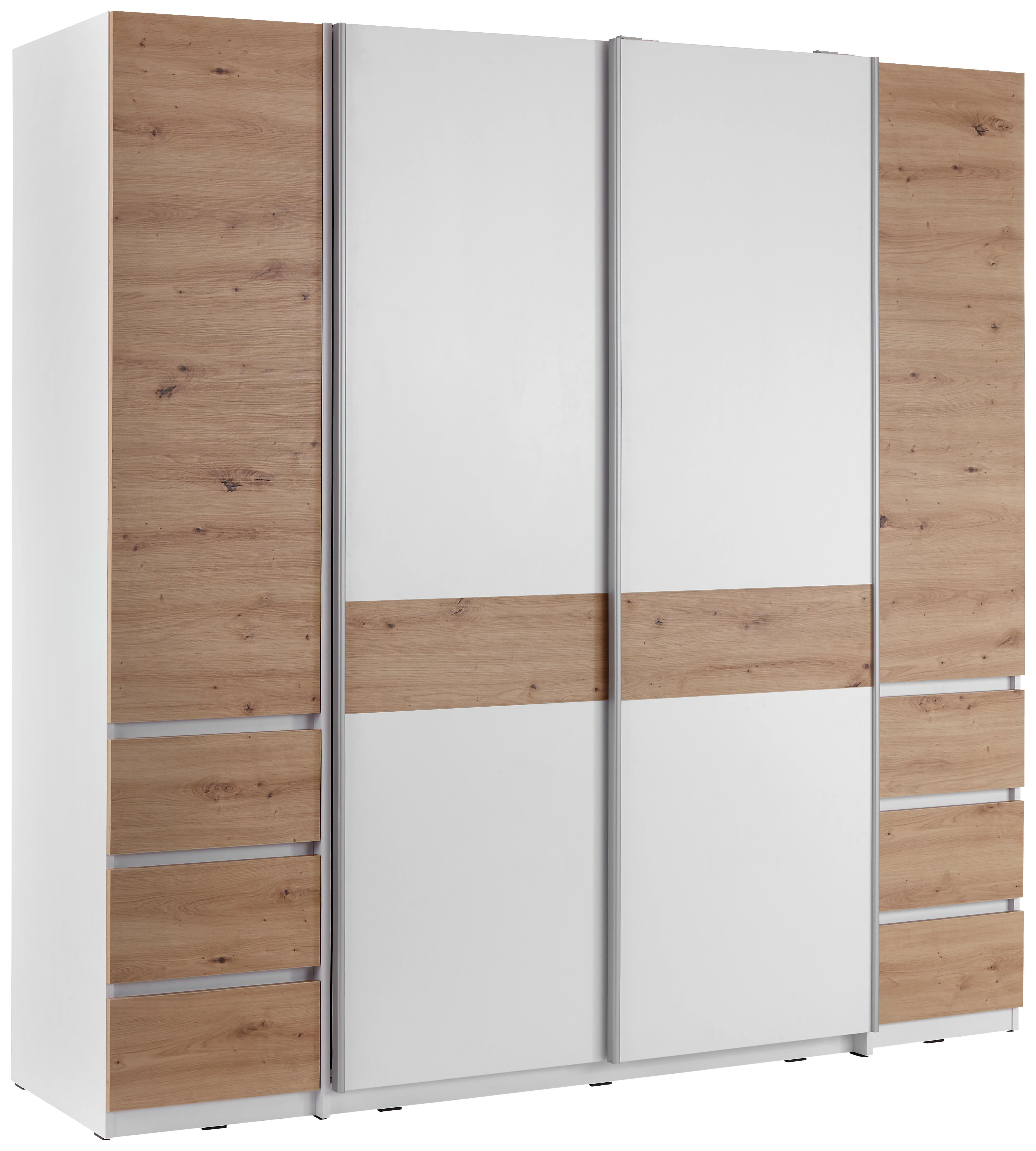 Drehtürenschrank mit Laden 215cm Fabio, Eiche Dekor/Weiß - Eichefarben/Weiß, KONVENTIONELL, Holzwerkstoff (215/215/62cm)