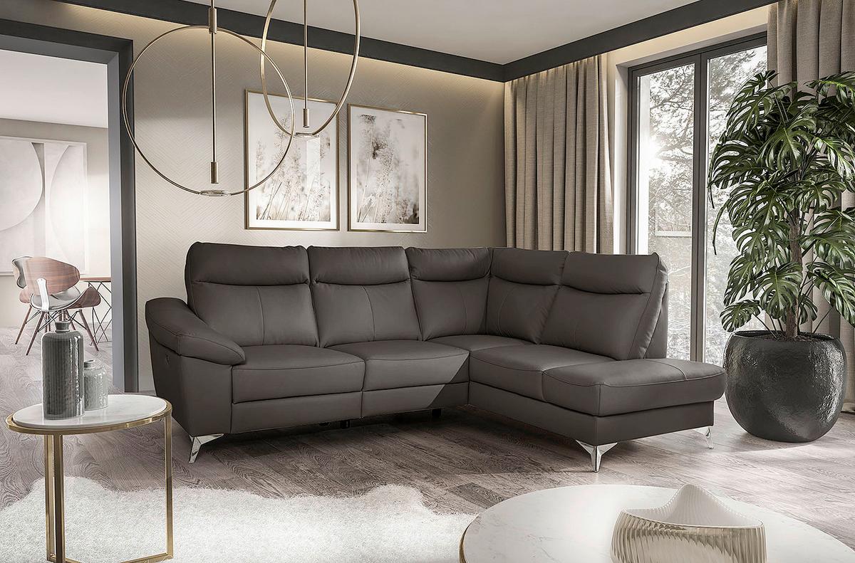 Ecksofa Luna Teilleder Dunkelbraun 242x194 - Chromfarben/Dunkelbraun, Design, Leder/Textil (242/194cm) - Livetastic