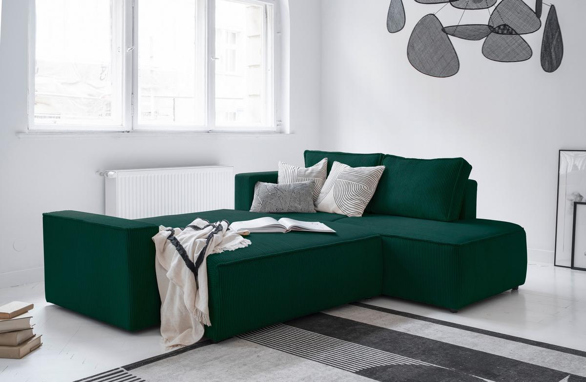 Sedačka Oliver, pravá, tmavě zelená barva - černá/tmavě zelená, Design, textil/plast (247/194cm) - MID.YOU