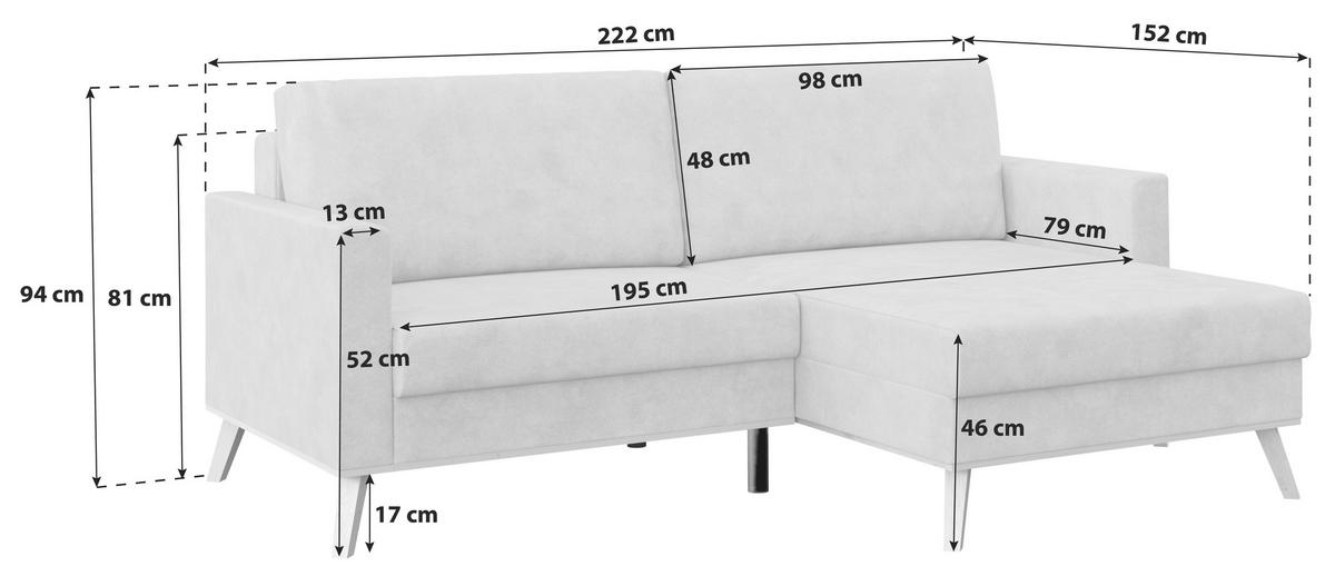 Ecksofa Carini - Hellbraun/Eichefarben, Basics, Textil (222/152cm)
