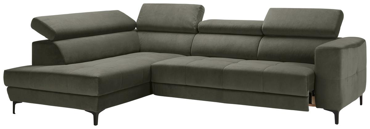 Rohová sedačka EMMA, levá, šedozelená,op.hl.,USB,el.výsuv - černá/šedozelená, Moderní, textil (210/301cm) - Premium Living
