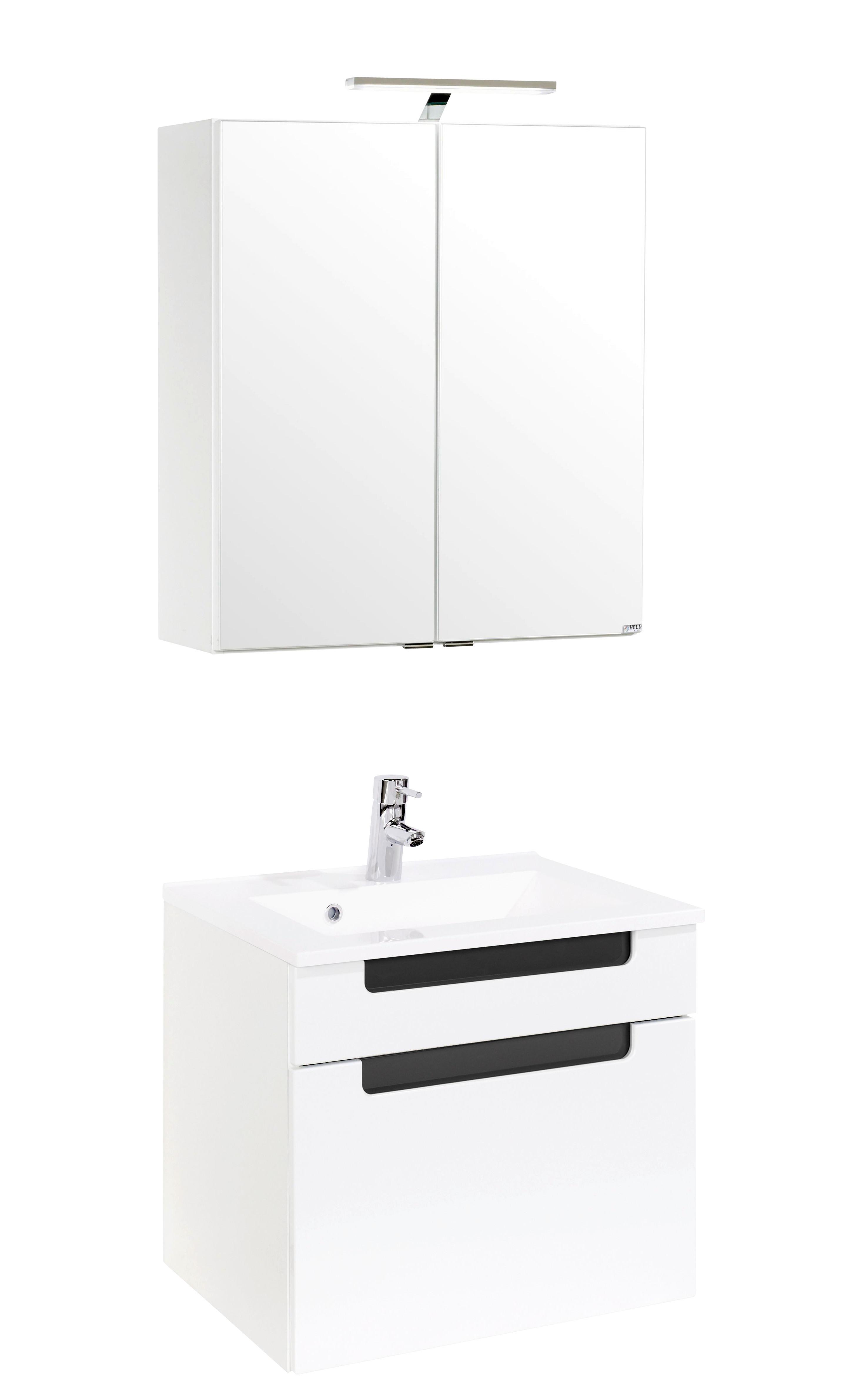 Badmöbel-Set 3-Tlg. inkl. LED Siena B: 60cm, Weiß+anthrazit - Anthrazit/Weiß, MODERN, Holzwerkstoff/Stein (60cm) - Held