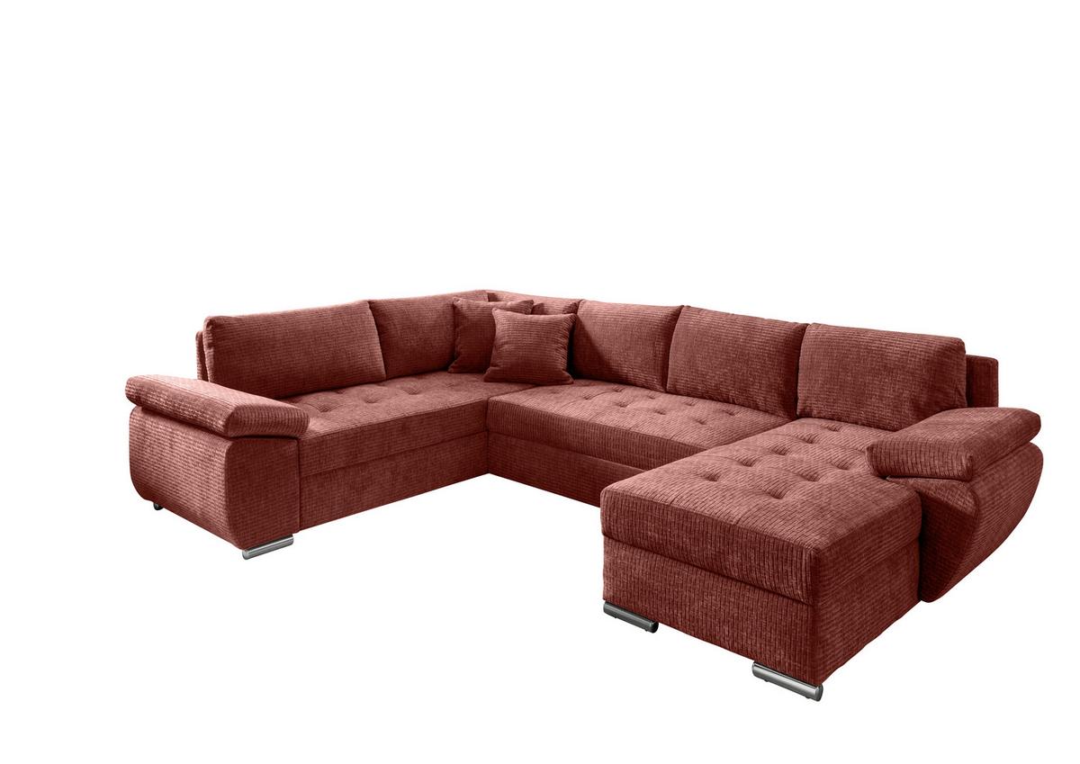 Wohnlandschaft Terana Koralle mit Schlaffunktion, Mikrofaser - Chromfarben/Koralle, KONVENTIONELL, Textil (219/305/157cm) - Livetastic