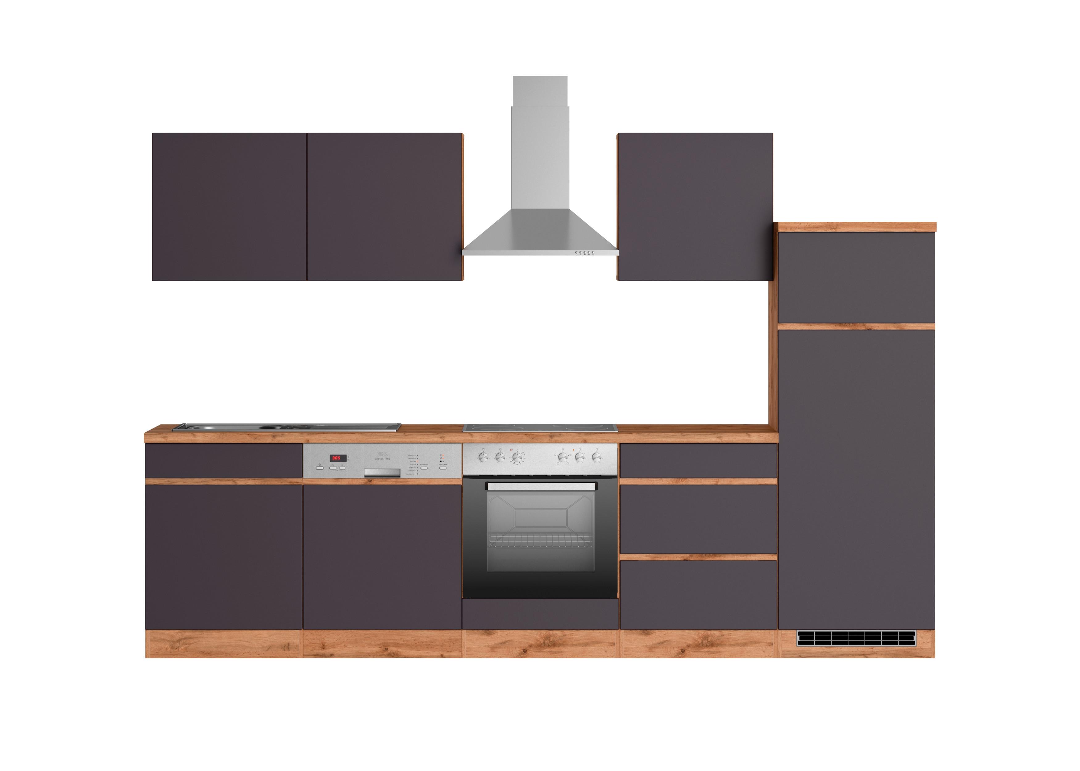 Küchenzeile Turin mit Geräten B: 300cm Grau/Wotaneiche Dekor - Eiche Wotan/Grau, Design, Holzwerkstoff (300cm) - Held