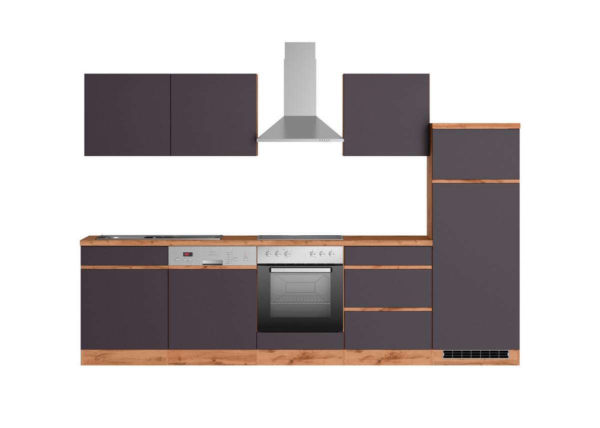 Küchenzeile Turin mit Geräten B: 300cm Grau/Wotaneiche Dekor - Eiche Wotan/Grau, Design, Holzwerkstoff (300cm) - Held