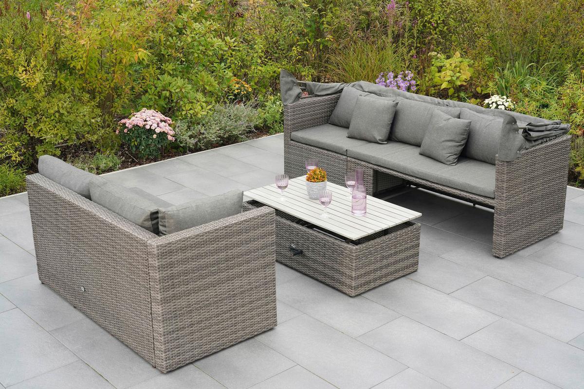 Loungegarnitur 3-tlg. Sanmarco Holz/metall/textil Mit Kissen - Hellgrau/Grau, KONVENTIONELL, Holz/Kunststoff (250/150/168cm) - Gardenson