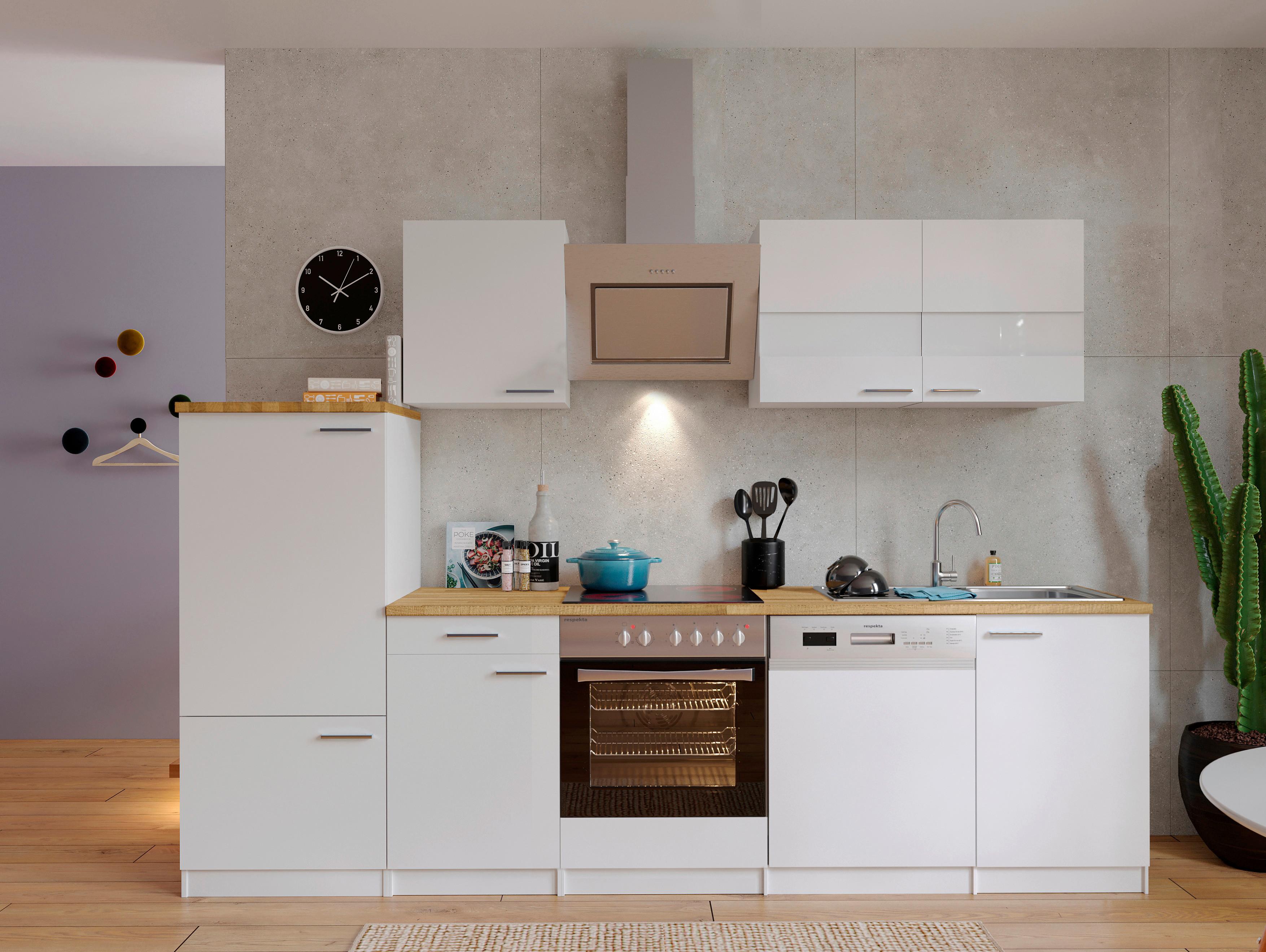 Küchenzeile Economy mit Geräten 280 cm Weiß/Nussbaum Dekor - Nussbaumfarben/Weiß, Basics, Holzwerkstoff (280cm) - Respekta