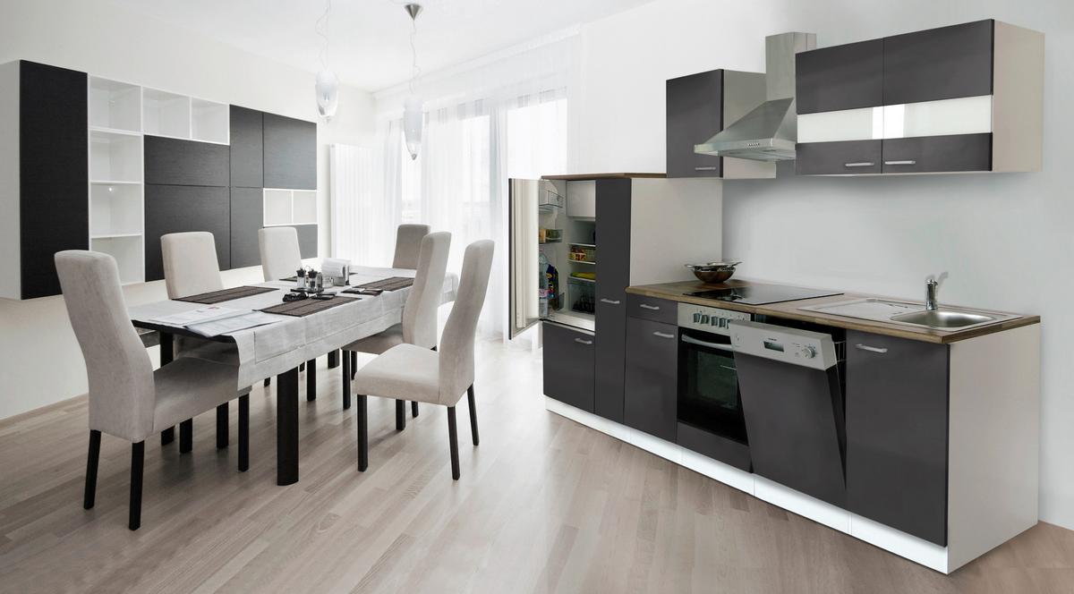 Küchenzeile Economy m. Geräten 310 cm Grau/Nussbaum Dekor - Nussbaumfarben/Weiß, Basics, Holzwerkstoff (310cm) - Respekta