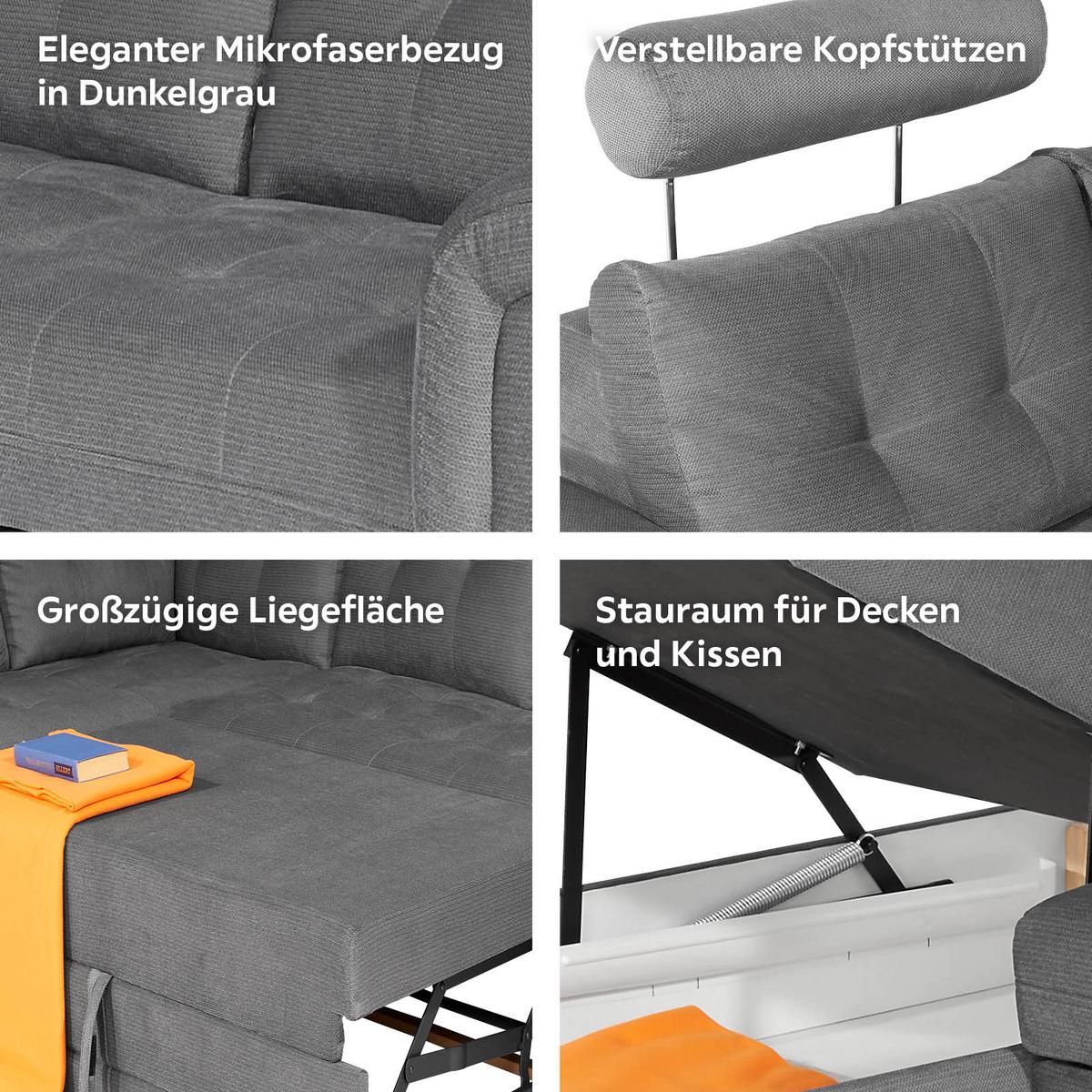 Ecksofa mit Schlaffunktion + Bettkasten Falco, Mikrofaser - Dunkelgrau/Dunkelbraun, KONVENTIONELL, Textil (183/251cm) - Ondega