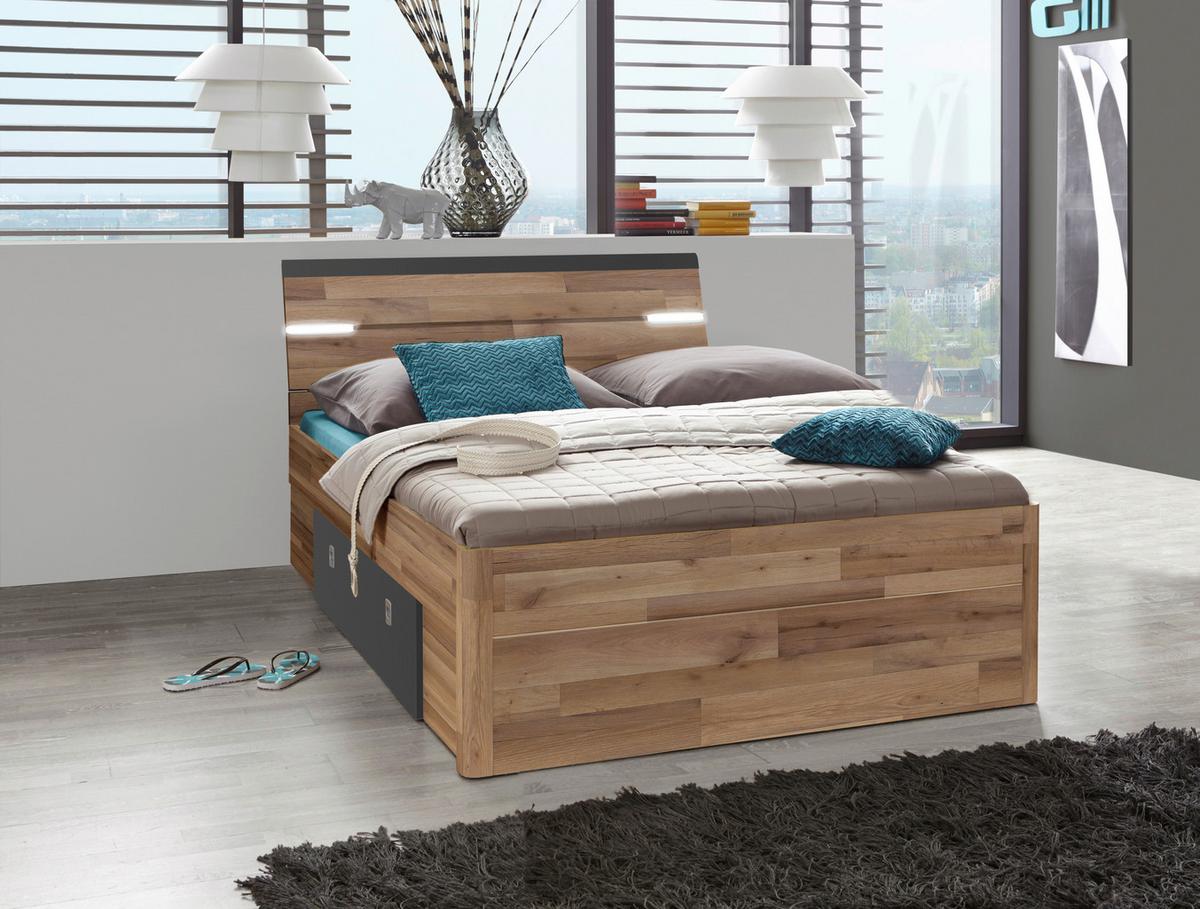 Stauraumbett Mit Beleuchtung 160x200 Cm Mars Eiche Dekor - Eichefarben/Dunkelgrau, KONVENTIONELL, Holzwerkstoff (160/200cm) - MID.YOU