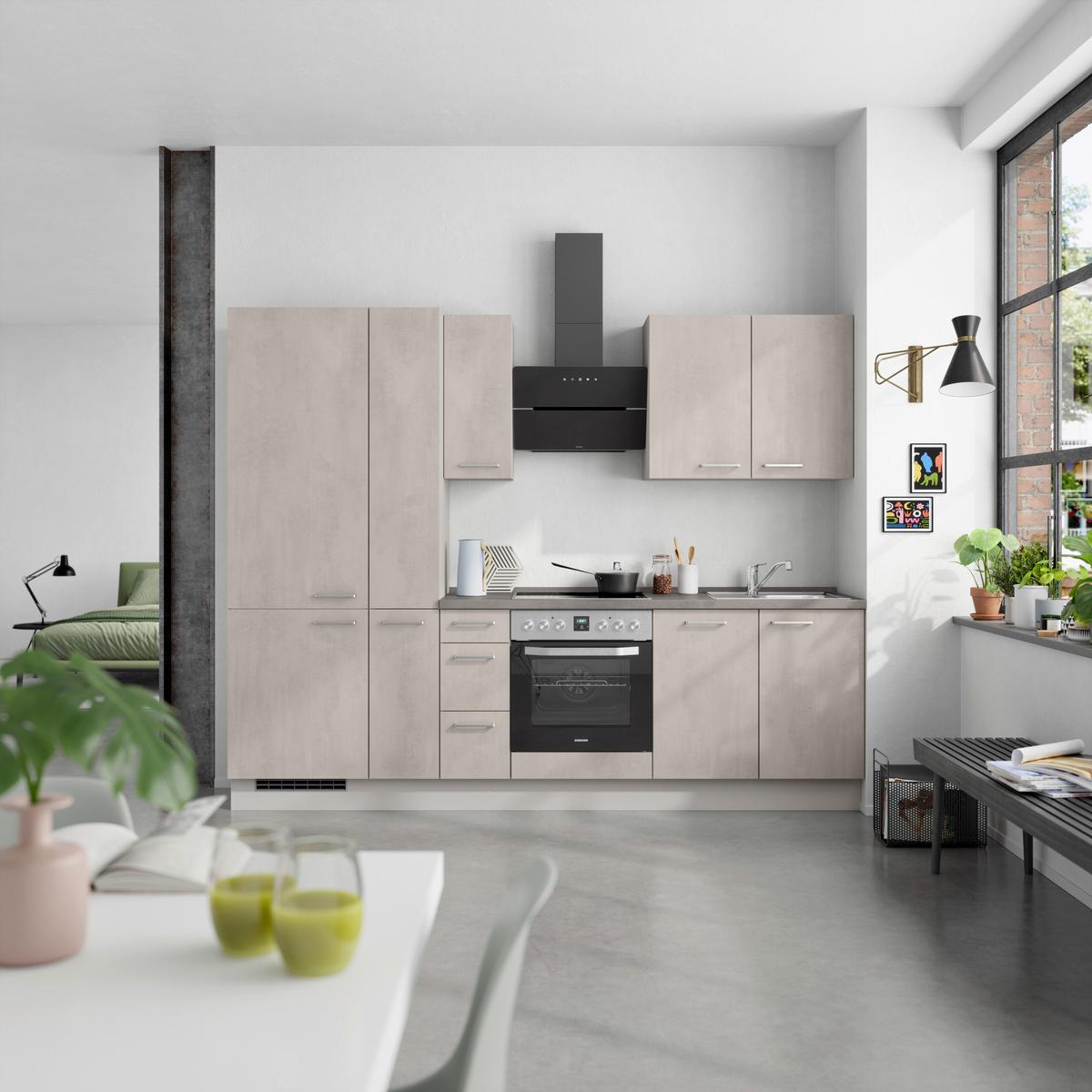 Kuchynská linka 270 cm, šedý betón/ kamenná šedá - sivá/farba ušľachtilej ocele, Modern, kov/kompozitné drevo (270cm) - Nobilia