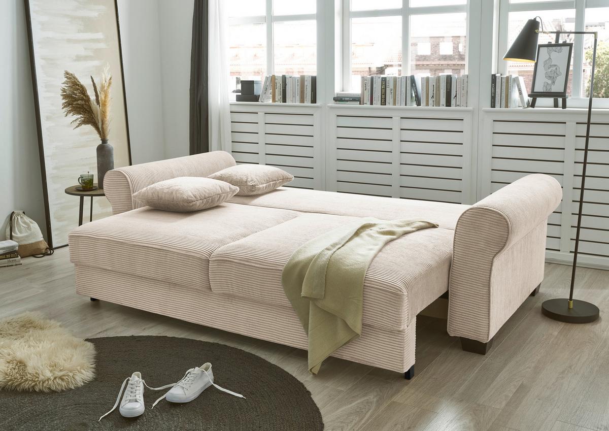 3-Sitzer-Sofa mit Schlaf- Funktion Angelina Creme Kord - Creme/Schwarz, Basics, Textil (250/95/125cm) - MID.YOU