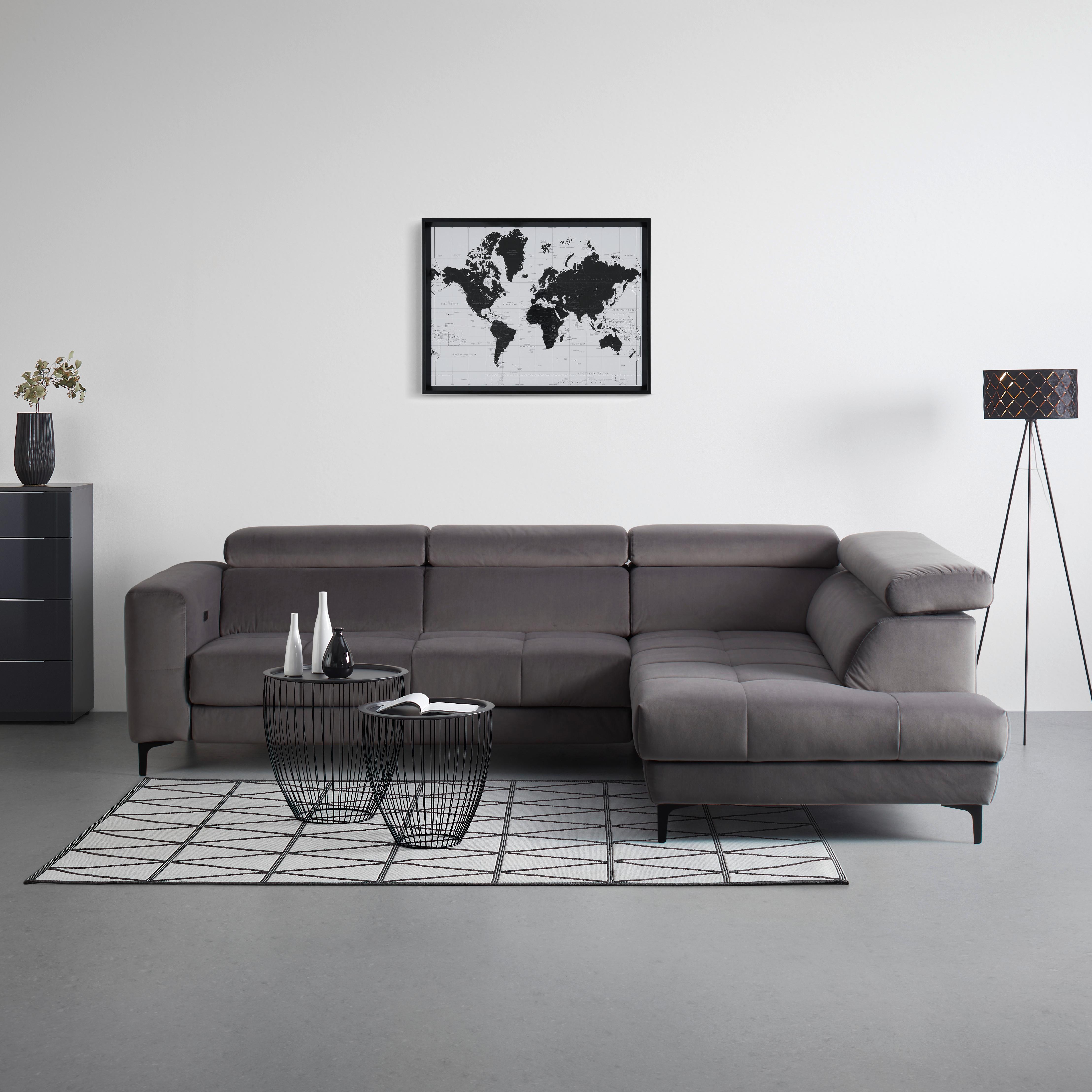 Rohová sedačka EMMA, pravá, sivá,nast.op.hl.,USB,el. výsuv - čierna/sivá, Modern, textil (301/210cm)