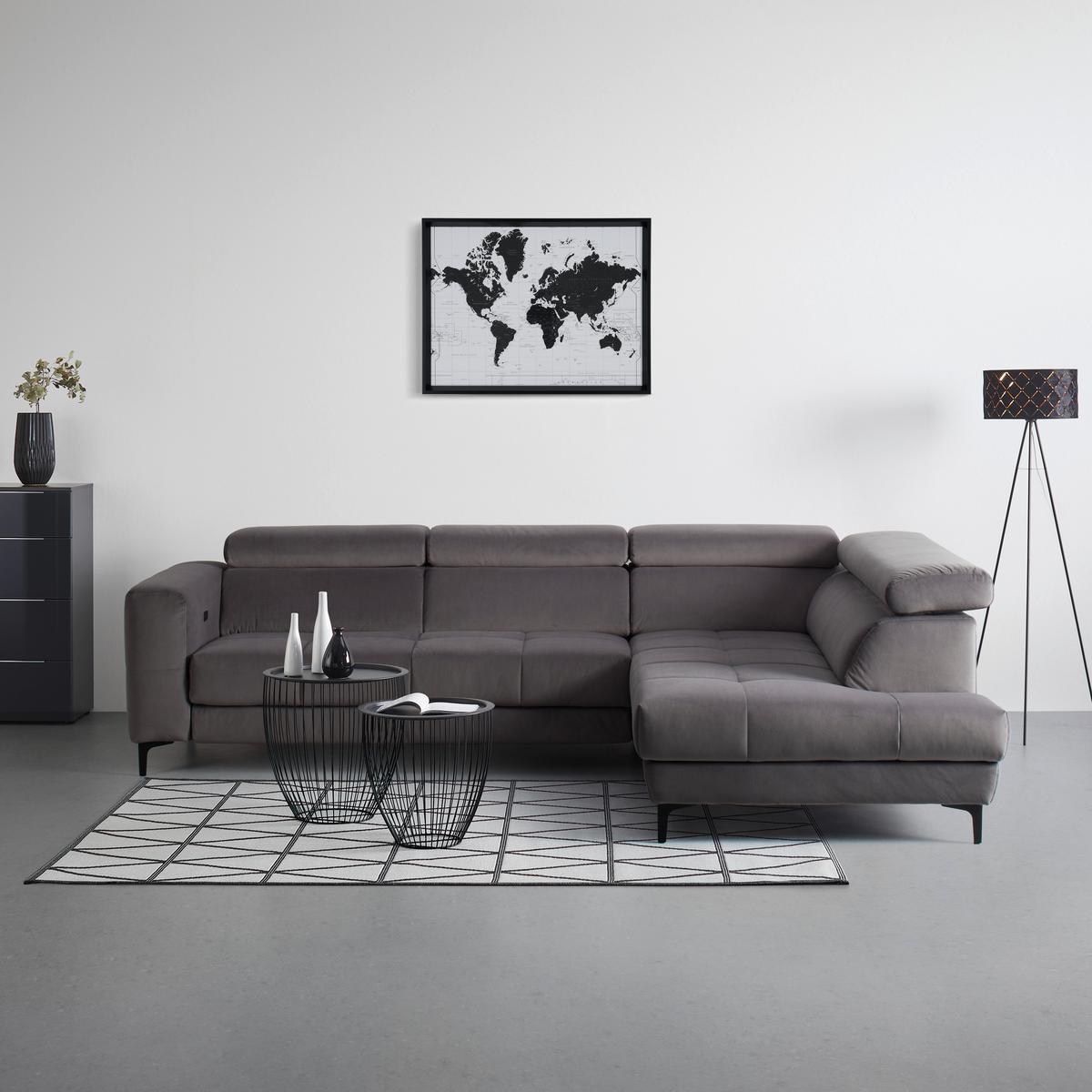 Rohová sedačka EMMA, pravá, šedá,nast.op.hl.,USB,el. výsuv - šedá/černá, Moderní, textil (301/47/210cm) - Premium Living