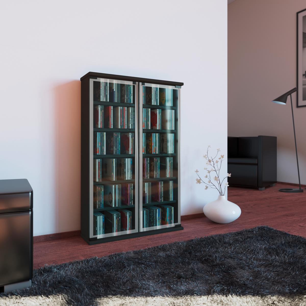 Regál na CD Galerie š: 60 cm černý - černá, Konvenční, kompozitní dřevo/sklo (60/92/18cm) - MID.YOU