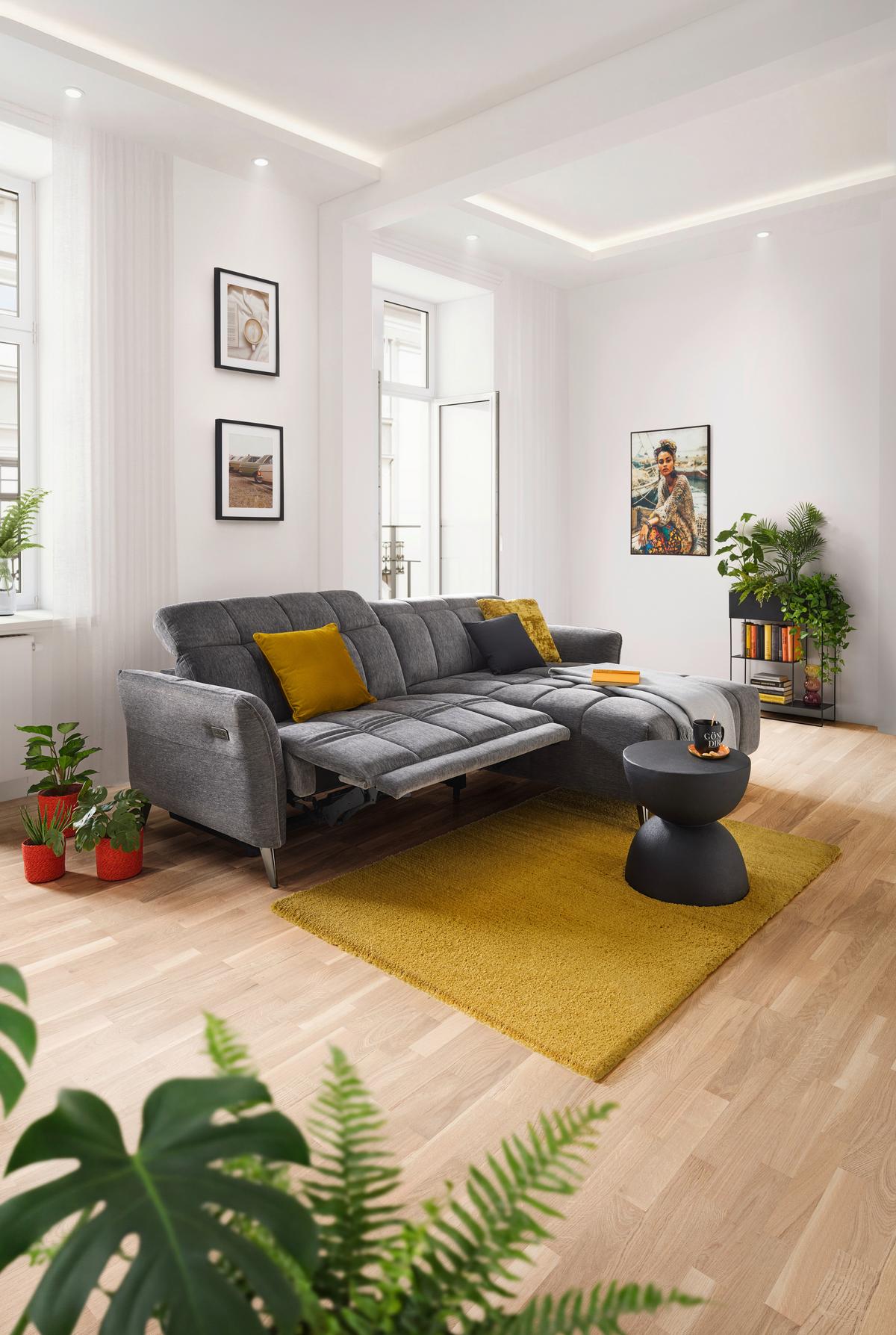 Rohová sedačka PISA, pravá, antracit.žinylka,s el.funkcí - barvy pinie/antracitová, Moderní, kov/dřevo (99-173/82-99/248cm) - Mömax