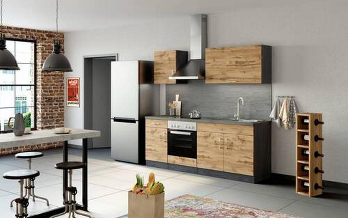 Küchenzeile Sorrento Mit Geräten B: 210 cm Eichefarben - Schieferfarben/Eiche Wotan, MODERN, Holzwerkstoff (210cm) - Held