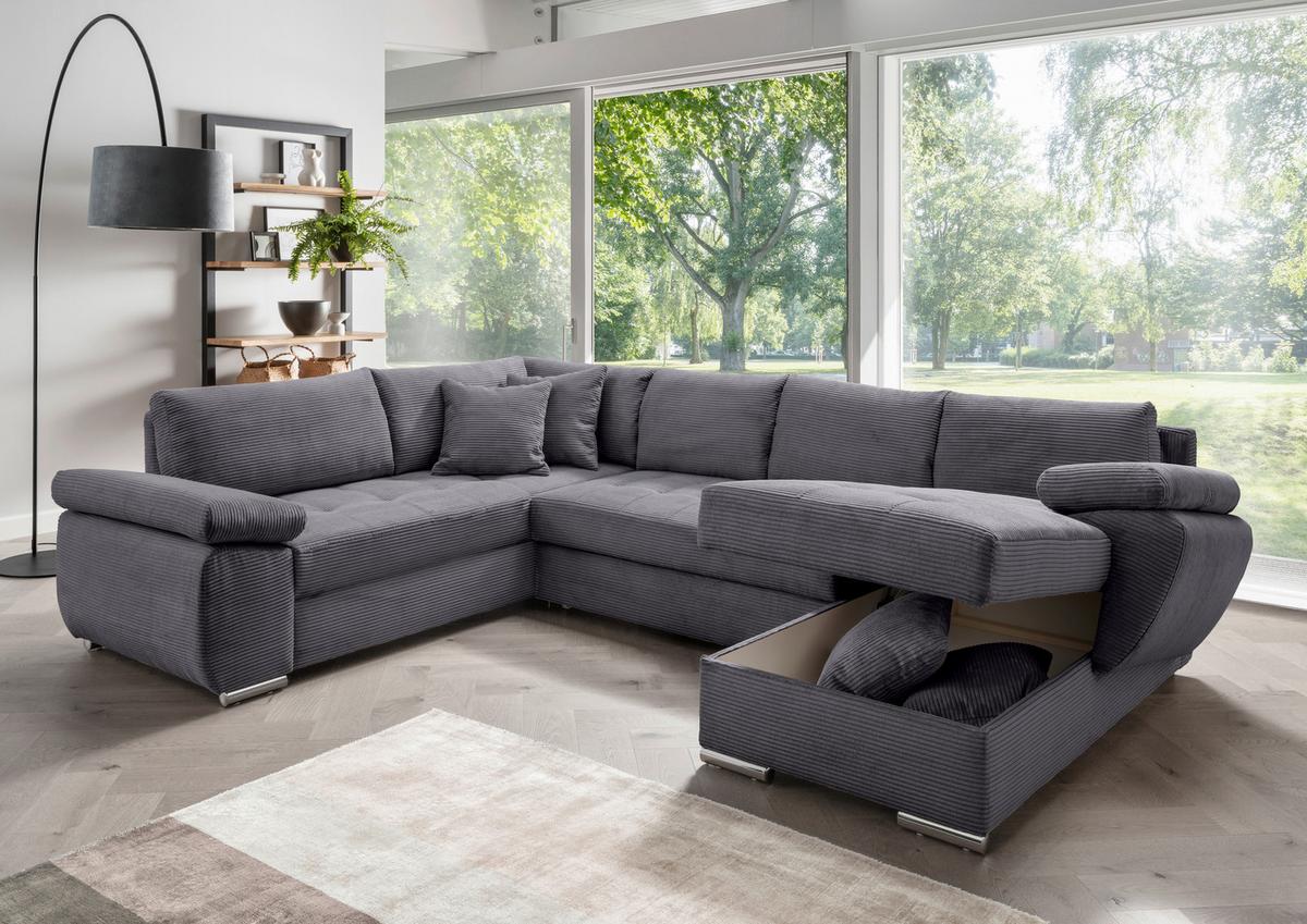 Wohnlandschaft Terana mit Schlaffunktion, Grau - Chromfarben/Grau, KONVENTIONELL, Textil (219/305/157cm) - P & B
