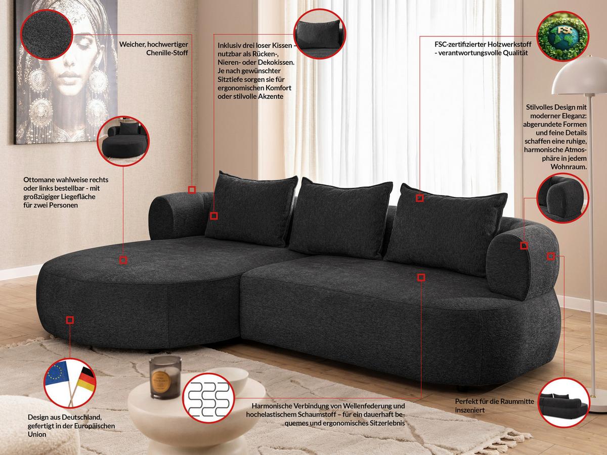 Ecksofa Ferro Schwarz S: 156x256 cm - Schwarz, Design, Textil (156/256cm) - Livetastic