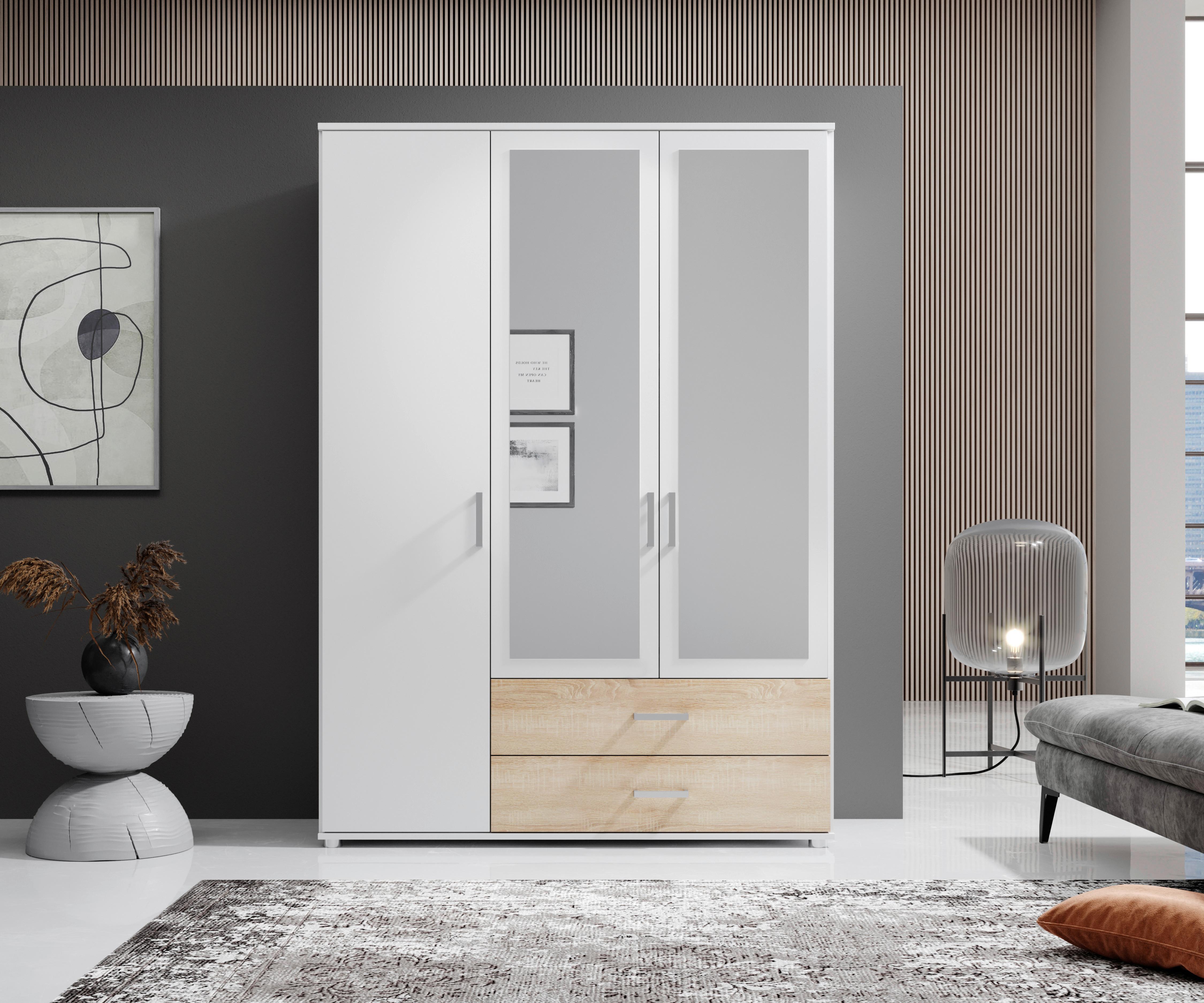 Drehtürenschrank Mit Laden 125cm Ivar Weiß/eiche Dekor - Weiß/Sonoma Eiche, MODERN, Holzwerkstoff (125/190/51cm) - MID.YOU