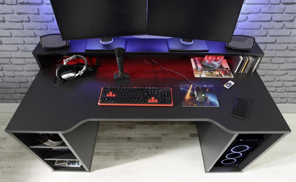 Gaming Tisch Mit Stauraum Und Aufsatz B 160cm H 91cm Tezaur - Schwarz, MODERN, Holzwerkstoff/Kunststoff (160/72/91cm) - MID.YOU