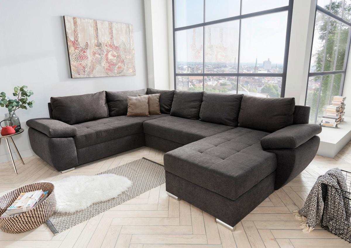 Wohnlandschaft Terana mit Schlaffunktion, Braun - Taupe/Chromfarben, KONVENTIONELL, Textil (219/305/157cm) - P & B