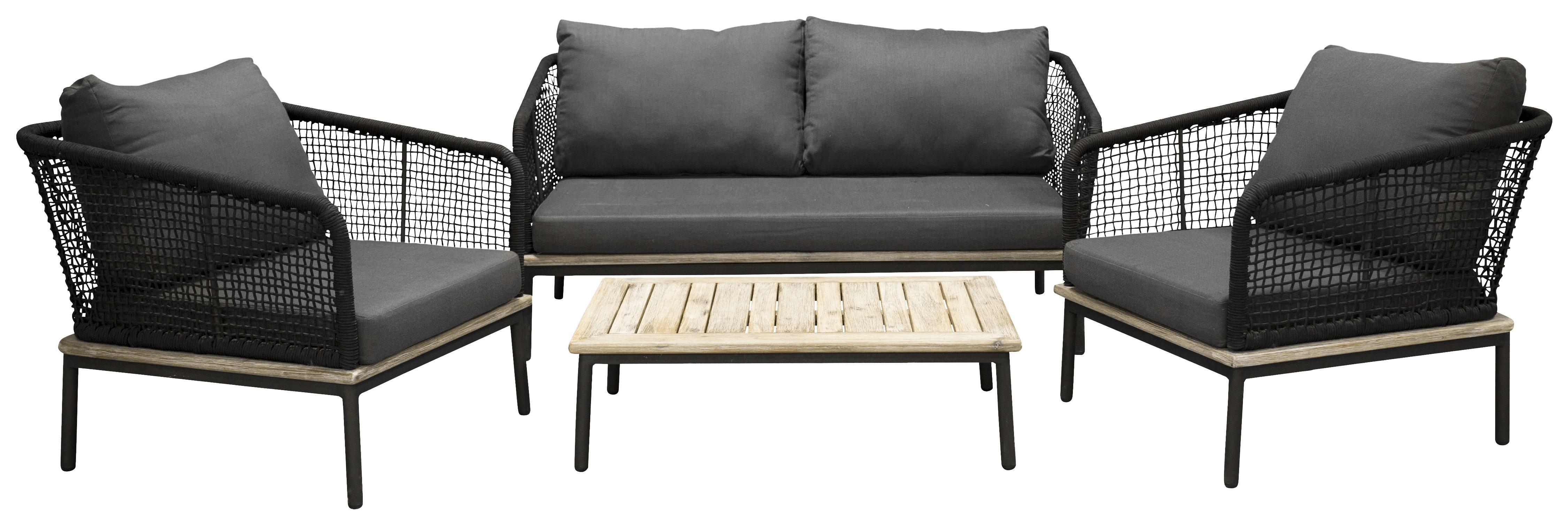 Loungegarnitur 4-tlg Andorra Kunststoff/holzdekor M. Kissen - Schwarz, KONVENTIONELL, Kunststoff (79,5/148cm) - Gardenson