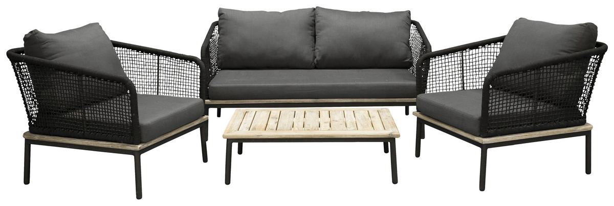 Loungegarnitur 4-tlg Andorra Kunststoff/holzdekor M. Kissen - Schwarz, KONVENTIONELL, Kunststoff (79,5/148cm) - Gardenson