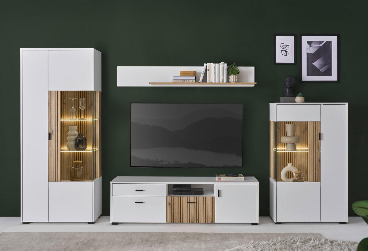 Hudson Wohnwand Weiß/Eichefarben B: 320 cm - Eichefarben/Schwarz, Design, Glas/Holzwerkstoff (320/180/42cm) - MID.YOU