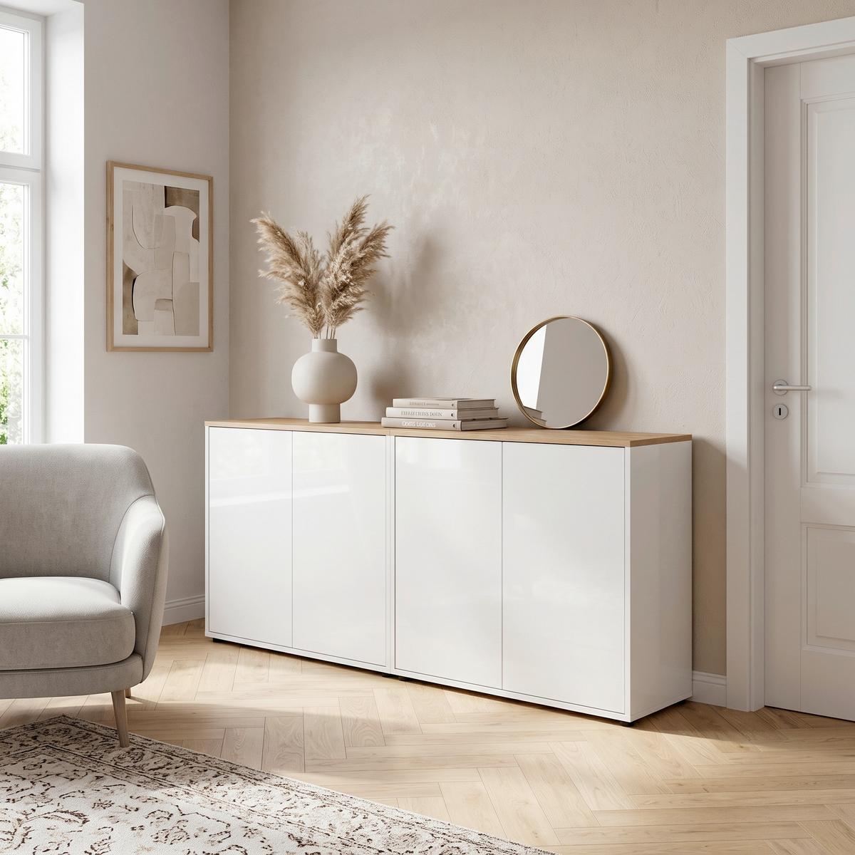SIDEBOARD Mailand 2 B: 158 cm Weiß - Weiß Hochglanz/Schwarz, MODERN, Holzwerkstoff (158/73/33cm) - MID.YOU