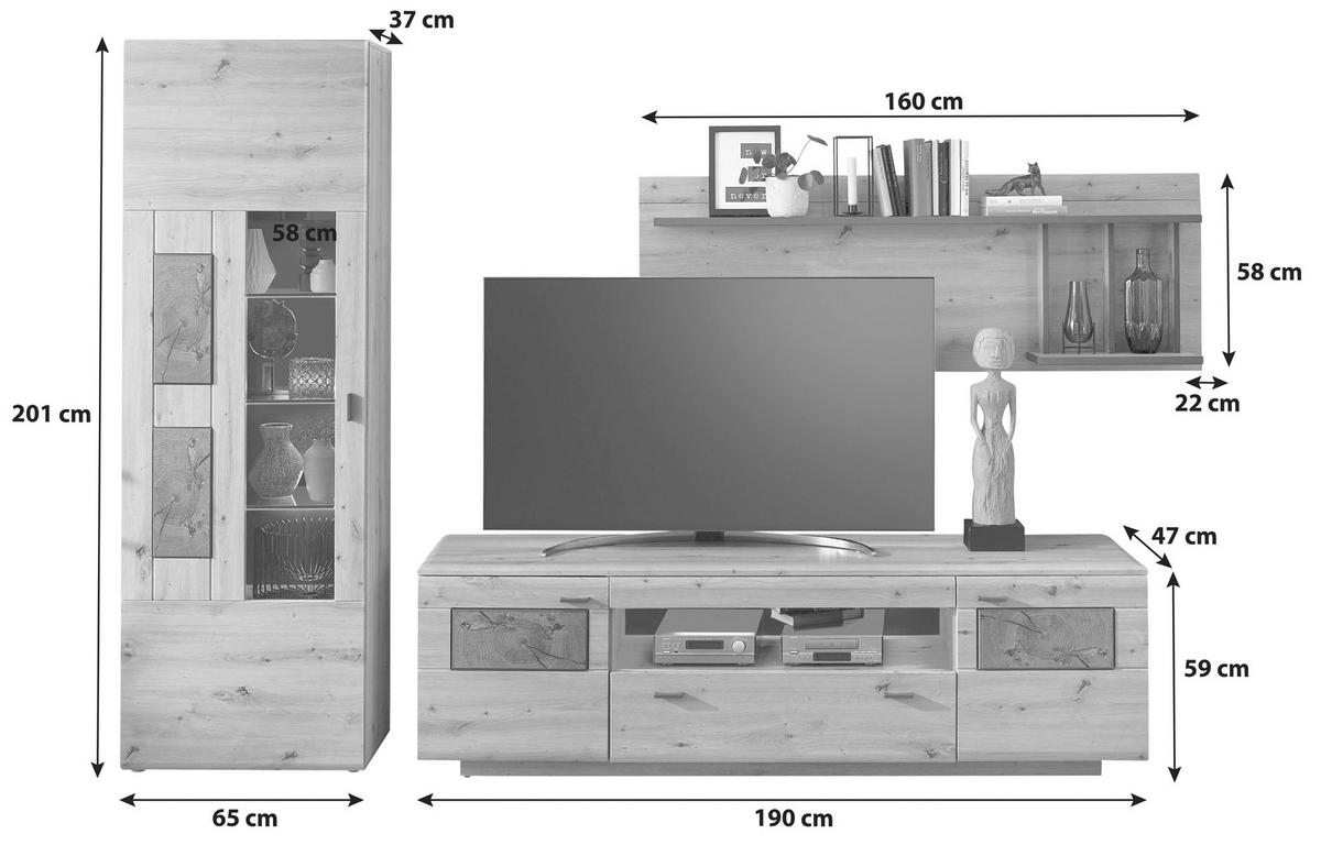 Wohnwand Madera Ii 40a6hh89 - Eichefarben/Graphitfarben, MODERN, Glas/Holzwerkstoff (300/201/47cm) - Livetastic