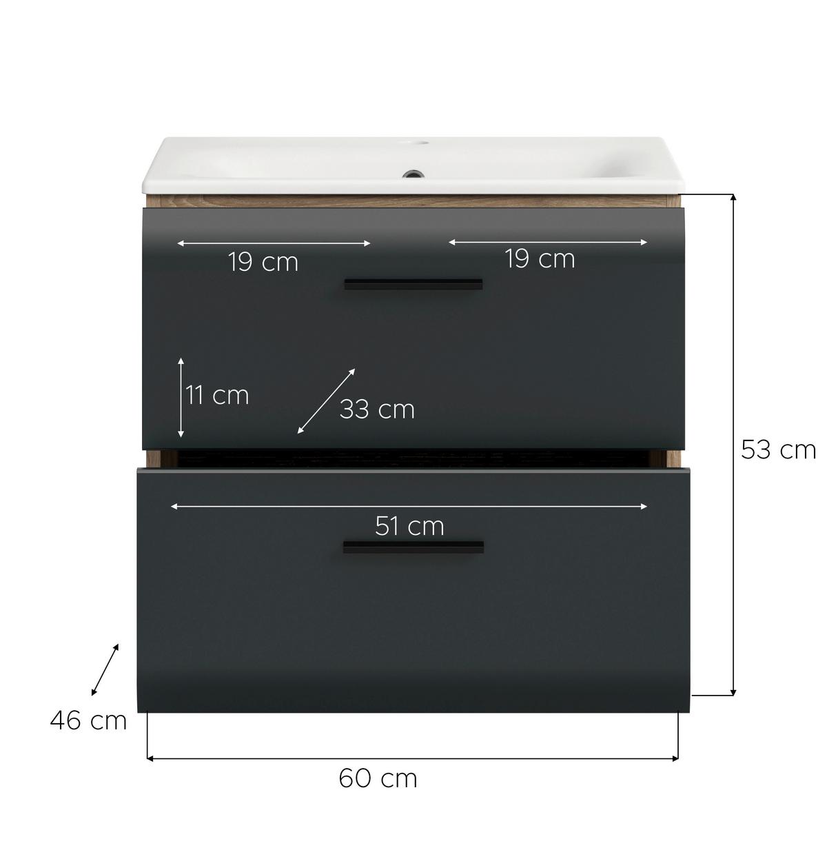 Waschtischkombi Ice Schwarz/Eiche Dekor B: 60cm - Eiche dunkel/Schwarz, Basics, Keramik/Holzwerkstoff (60cm) - MID.YOU