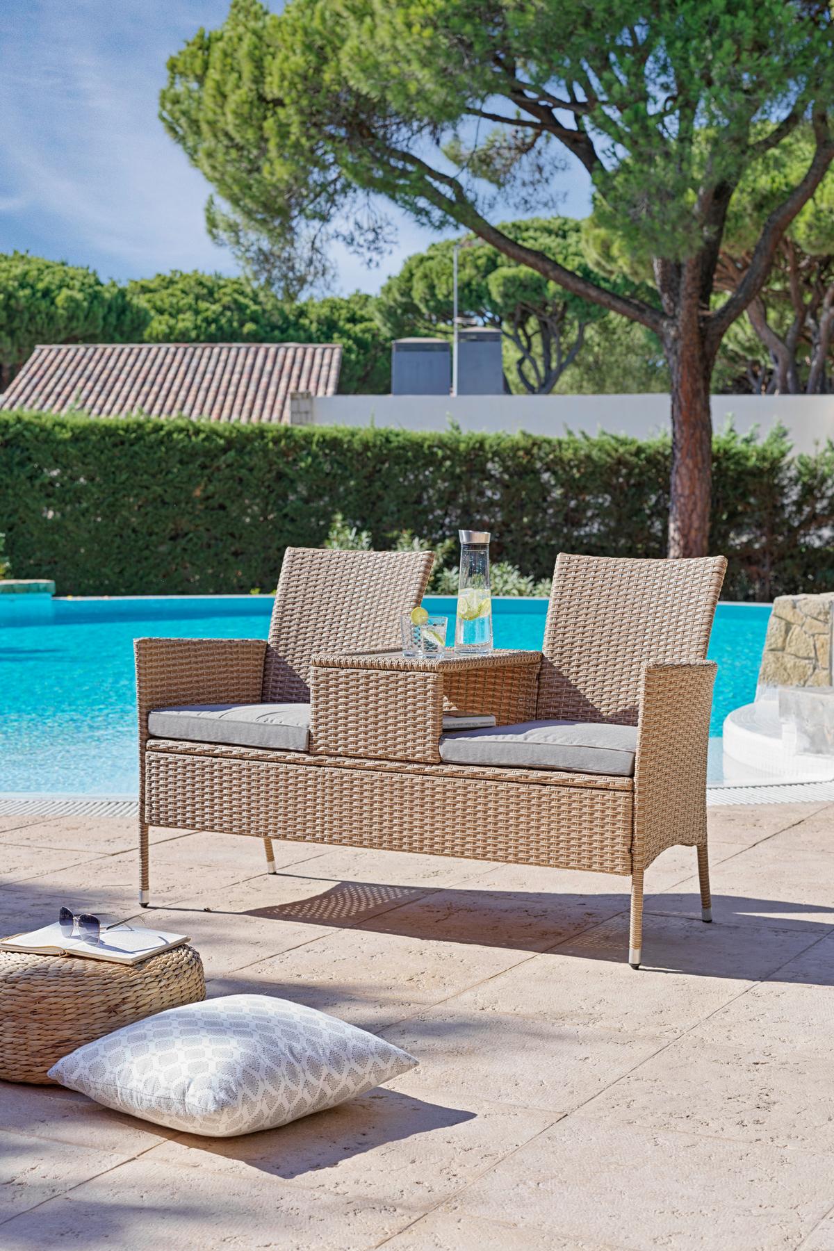 Gartenbank Polyrattan 2-Sitzer Pescara Grau mit Kissen - Grau, MODERN, Kunststoff/Textil (143/87/64.5cm) - Luca Bessoni