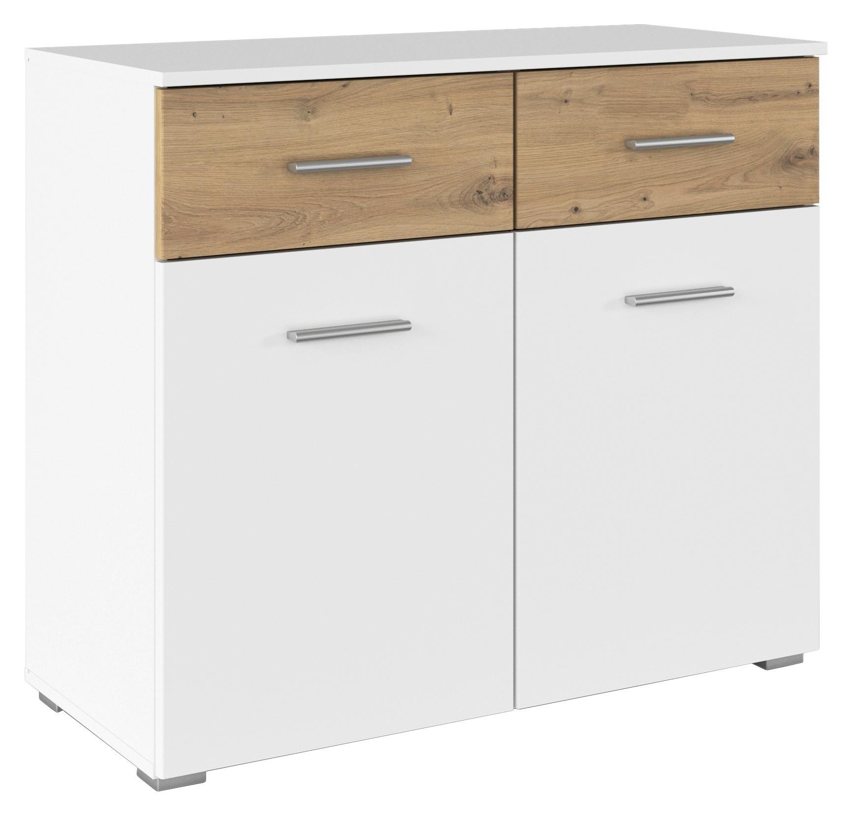 Kommode 93cm Foster, Alpinweiß - Alufarben/Eiche Artisan, KONVENTIONELL, Holzwerkstoff (93/81/42cm)
