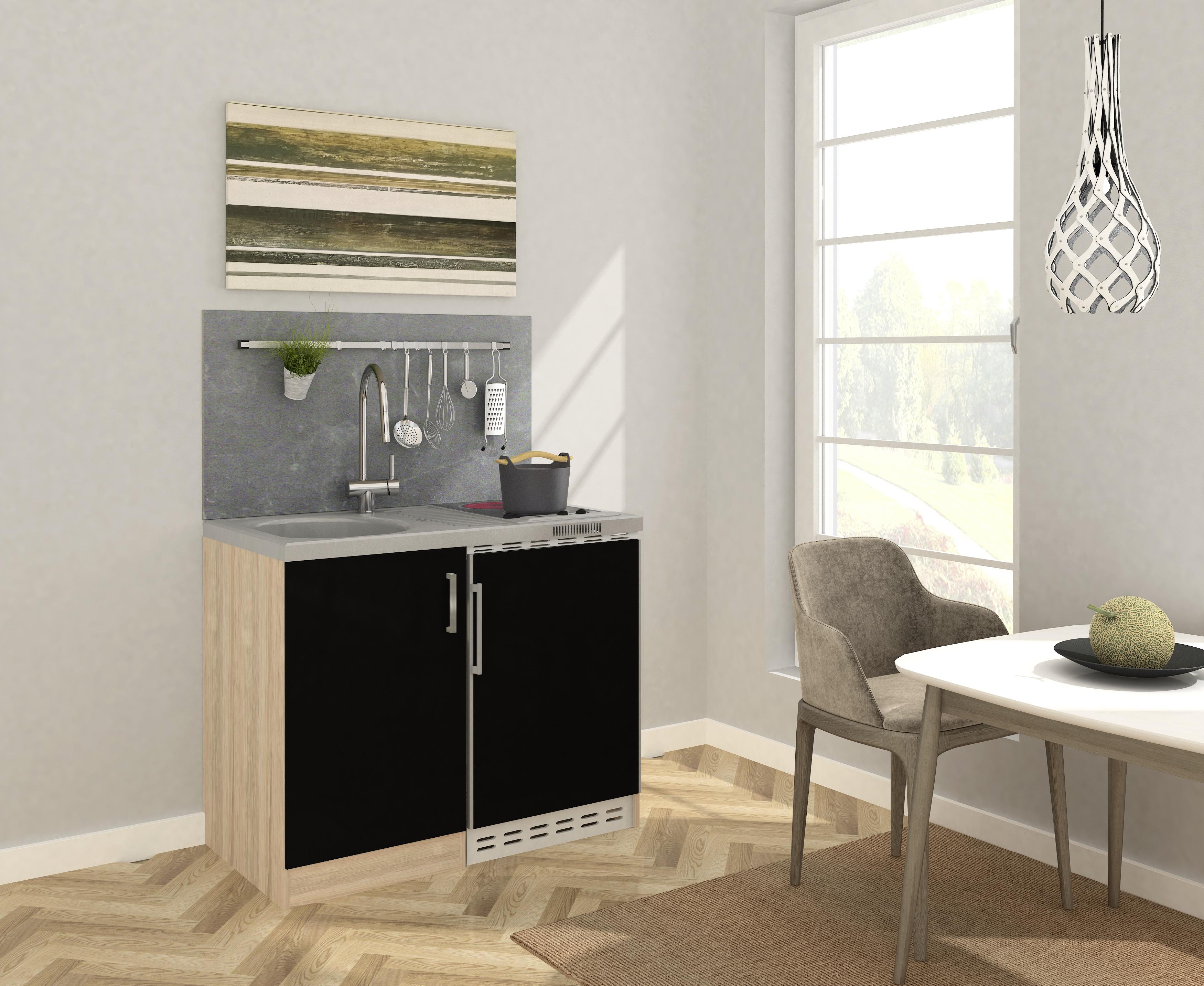 Respekta Miniküche mit Kühlschrank + Kochfeld 100 cm Schwarz/Eiche