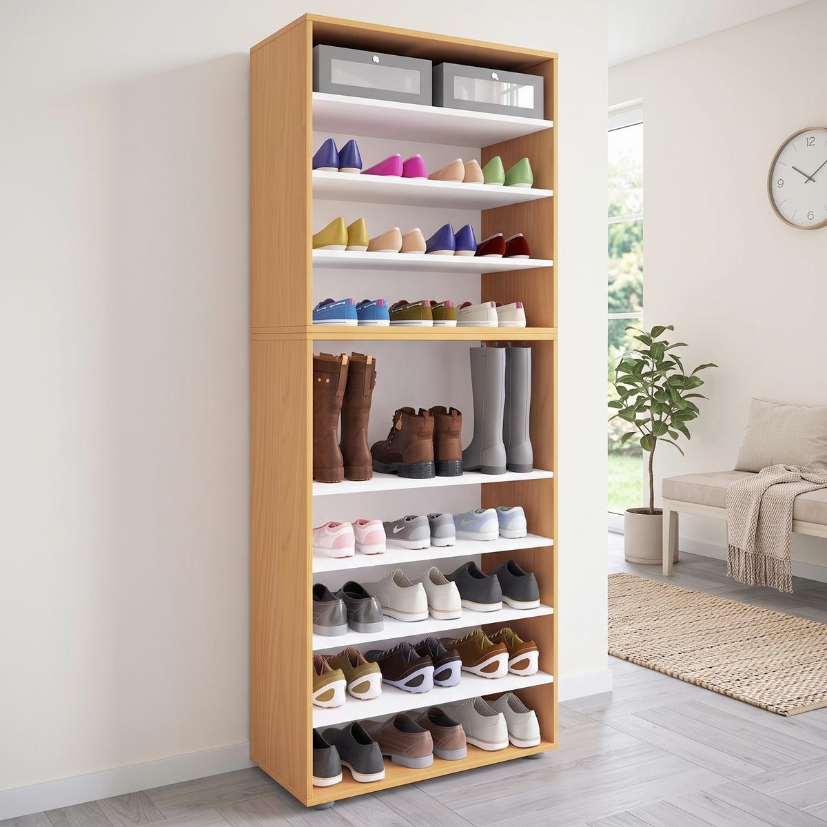 Schuhregal Lona XXL 9 Ablagen Buche Dekor H: 183 cm - Buchefarben/Schwarz, KONVENTIONELL, Holzwerkstoff (70/183/37cm) - MID.YOU