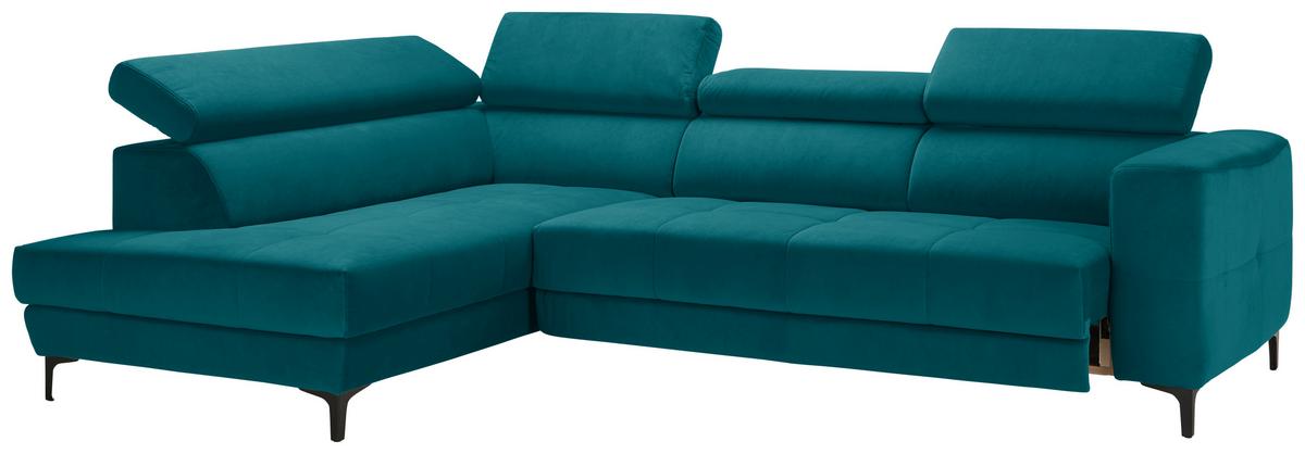 Rohová sedačka EMMA, levá, petrolej.,op.hl.,USB,el.výsuv - petrolej/černá, Moderní, textil (210/301cm) - Premium Living