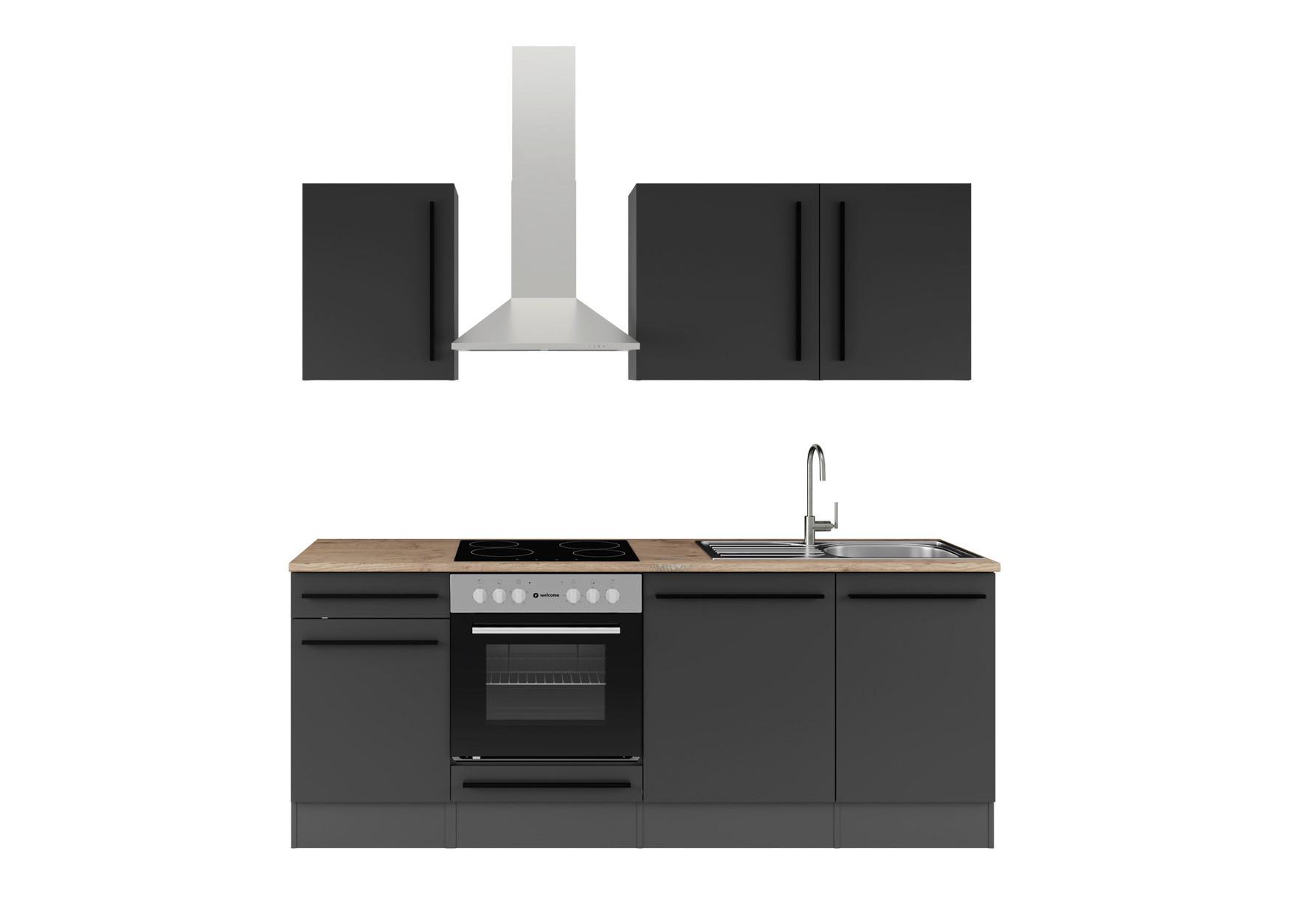 Küchenzeile Jazz mit Geräten 220 cm Schwarz - Eichefarben/Schwarz, LIFESTYLE, Holzwerkstoff (220/211/60cm) - P & B