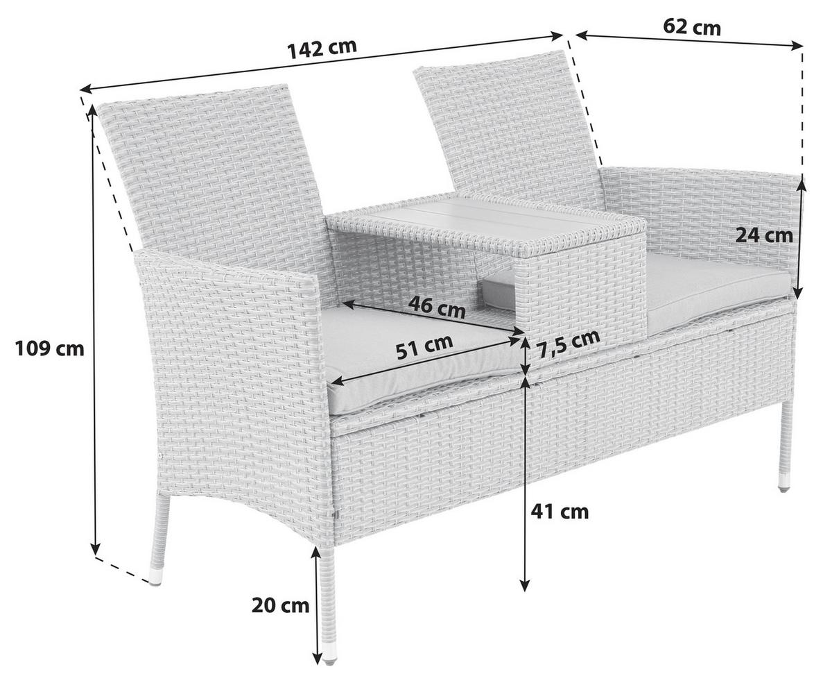 Gartenbank Polyrattan 2-Sitzer Pescara Grau mit Kissen - Grau, MODERN, Kunststoff/Textil (143/87/64.5cm) - Luca Bessoni