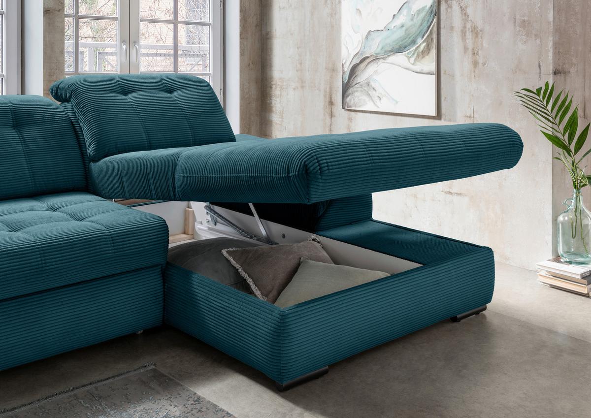 Ecksofa mit Bettkasten Rigatti Petrol S: 314x184 cm - Petrol/Schwarz, MODERN, Textil (314/184cm) - Livetastic