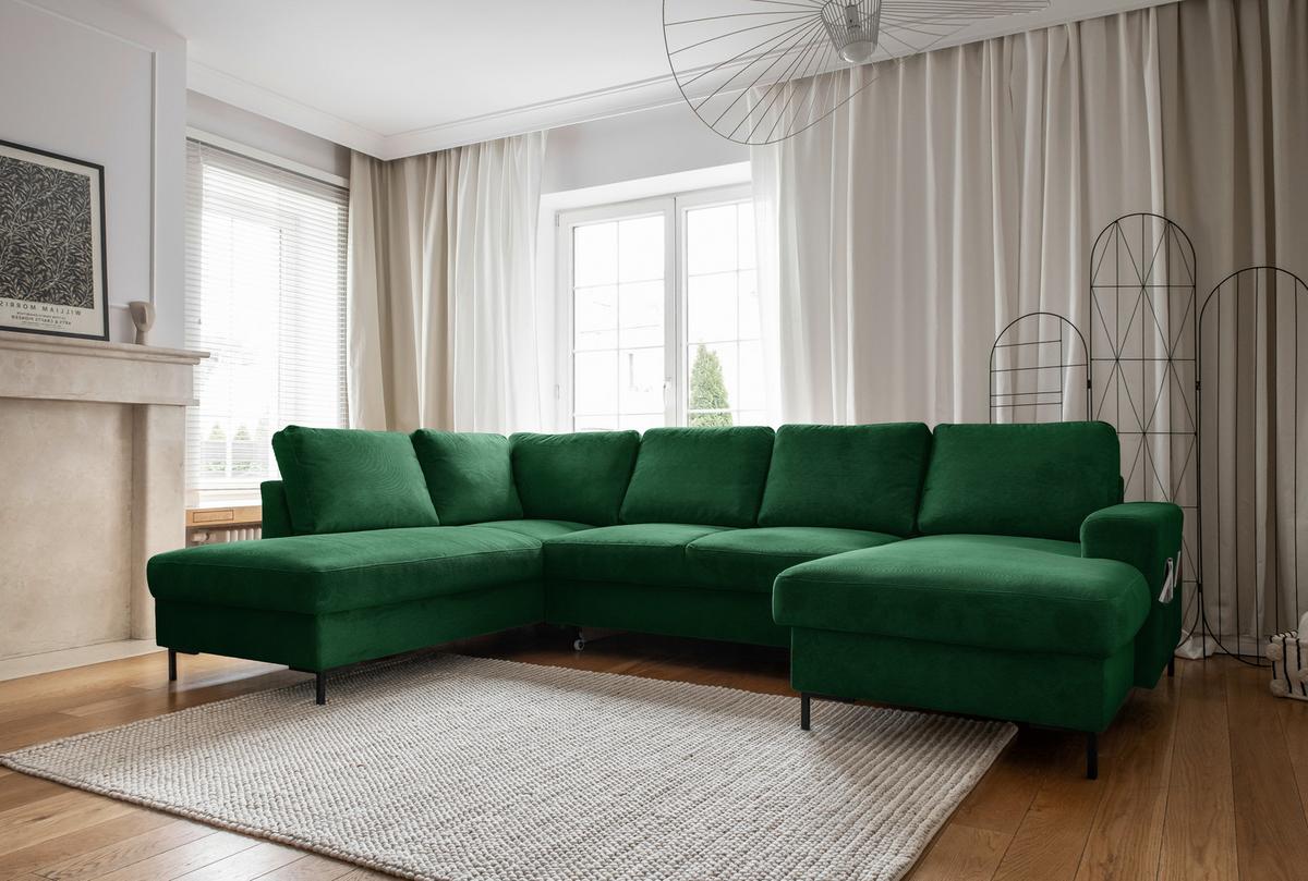 Sedačka LEONIE U, ľavá, smargdovozelený menčester - čierna/smaragdovozelená, Design, kov/drevo (197/303/148cm)